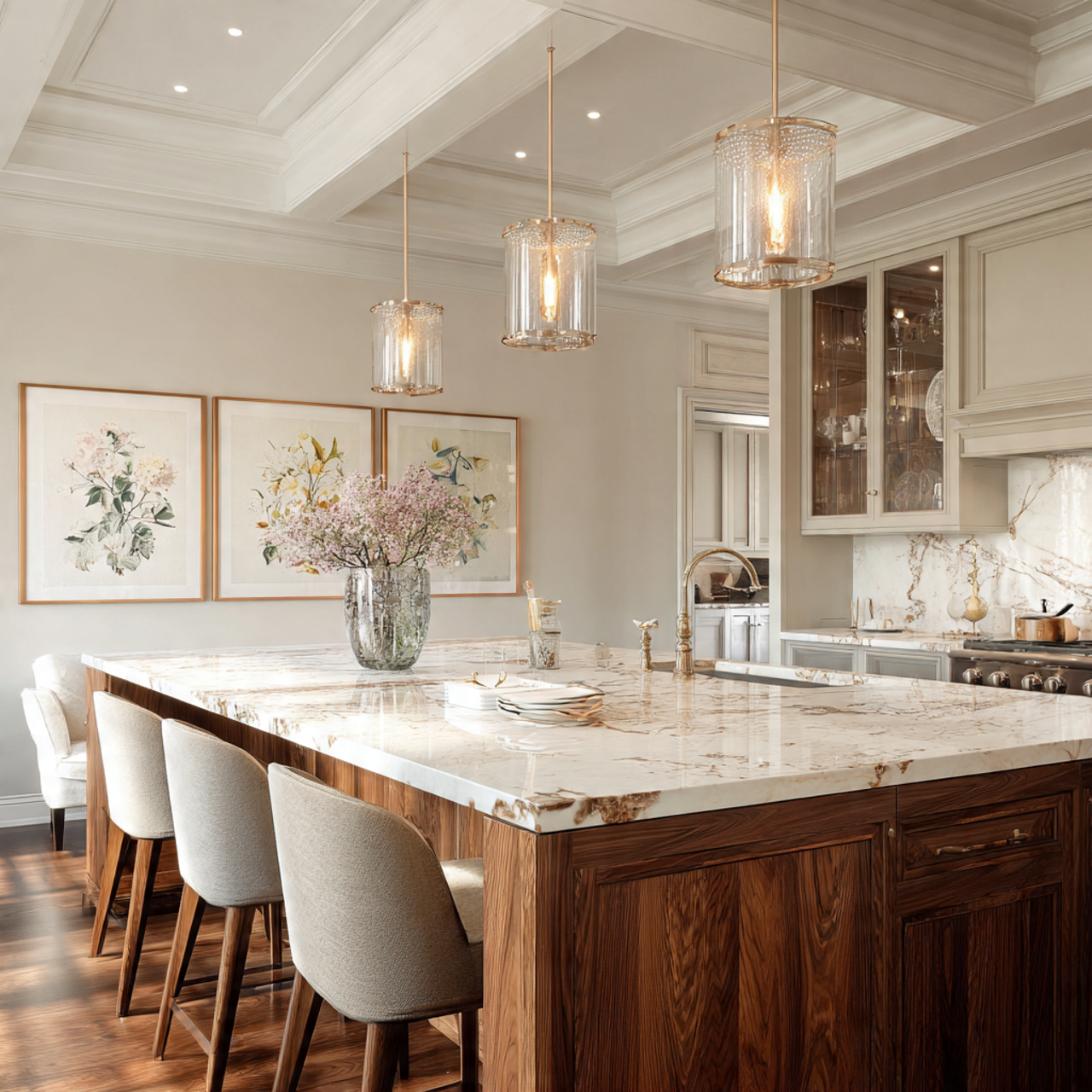 3 pendant lights in the kitchen island