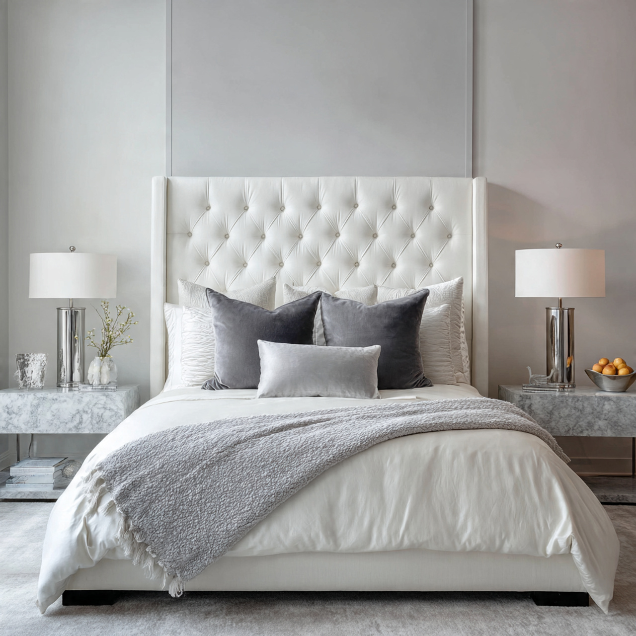 8 a modern white bedroom featuring a tufted