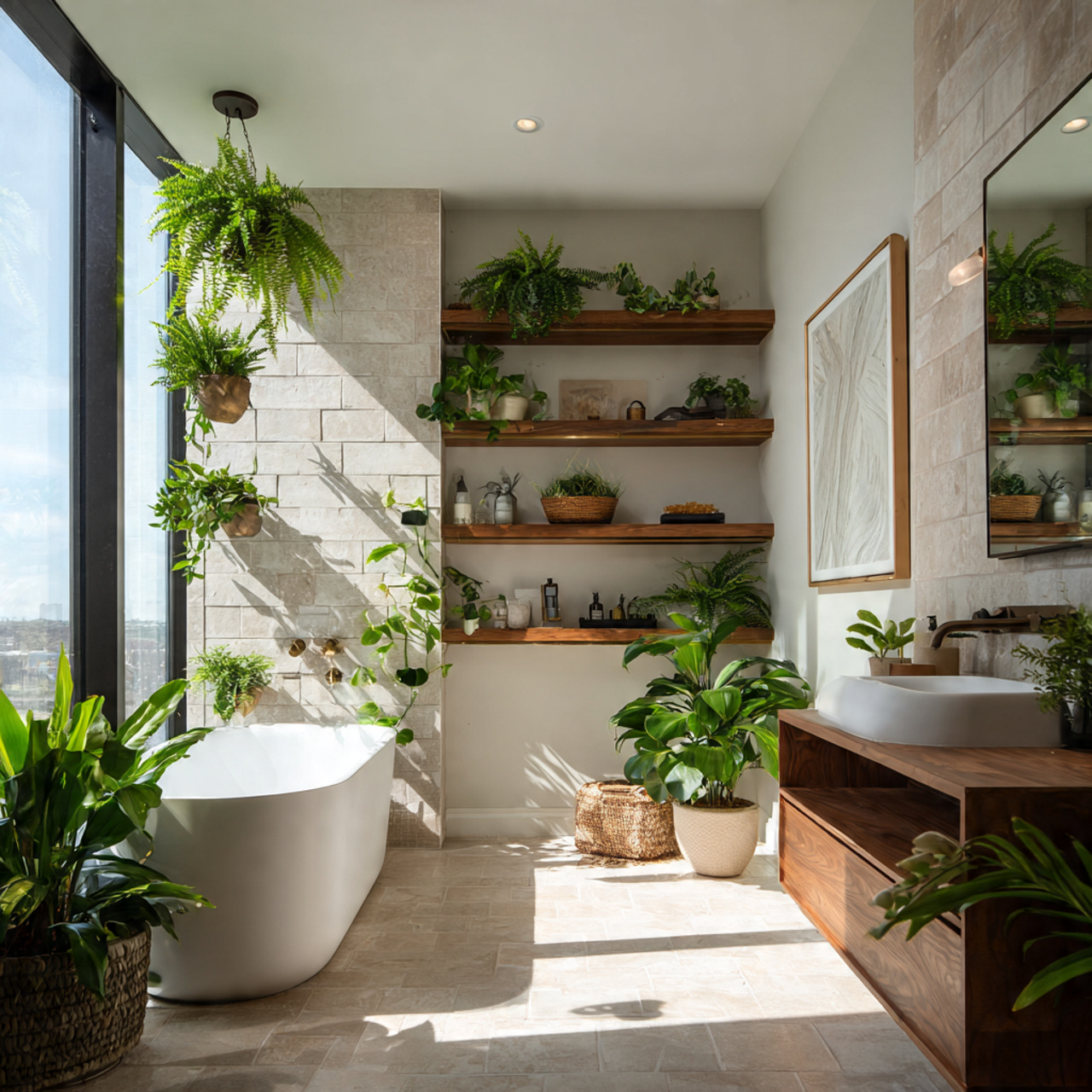 8 adding greenery with houseplants bathroom