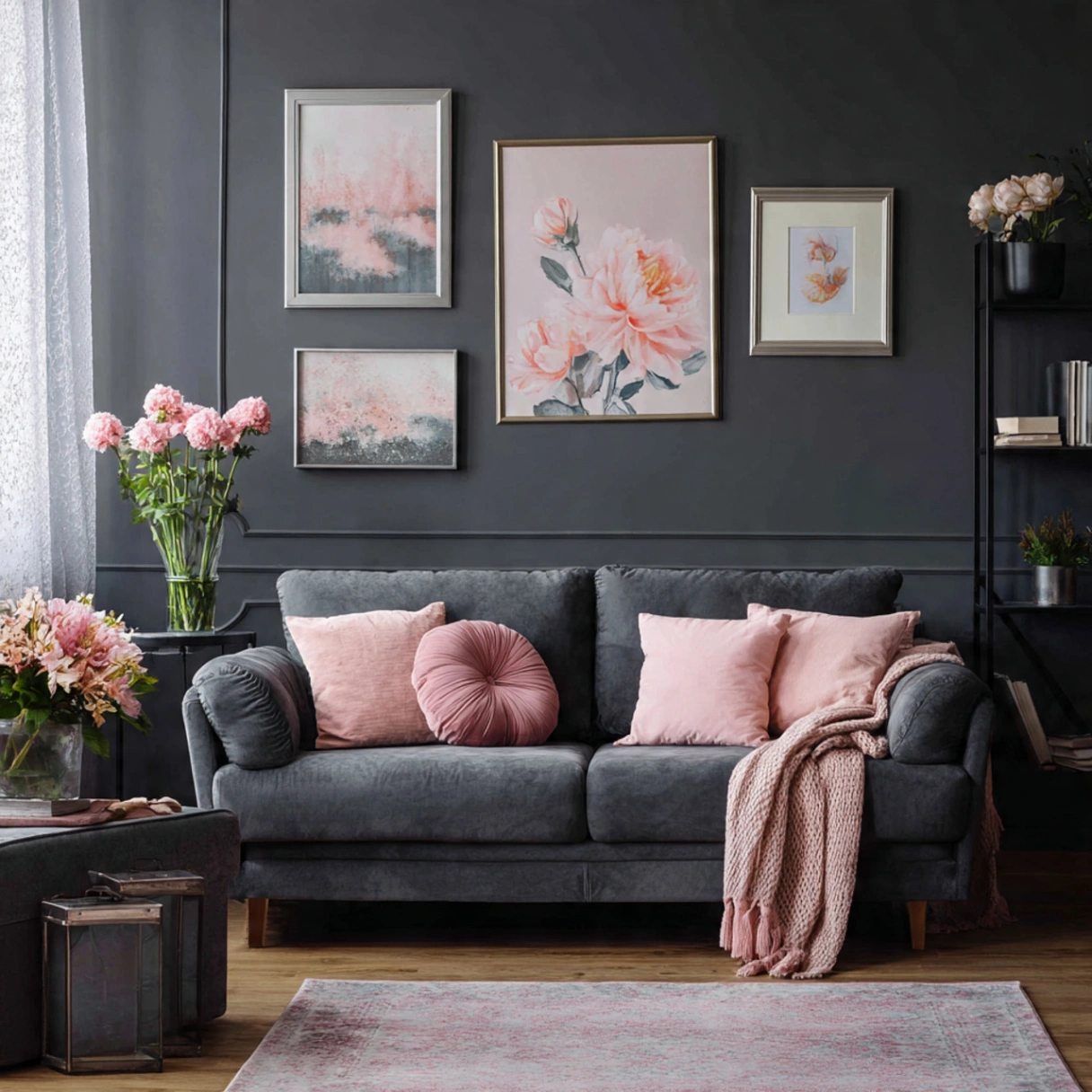 Dark Gray Wall Living Rooms: 25 Ways to Chic, Cozy Home Décor 15 A Subtle Touch of Blush Pink