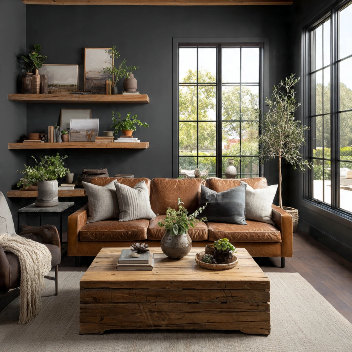 Dark Gray Wall Living Rooms: 25 Ways to Chic, Cozy Home Décor 3 Adding Natural Rustic Wooden Accents