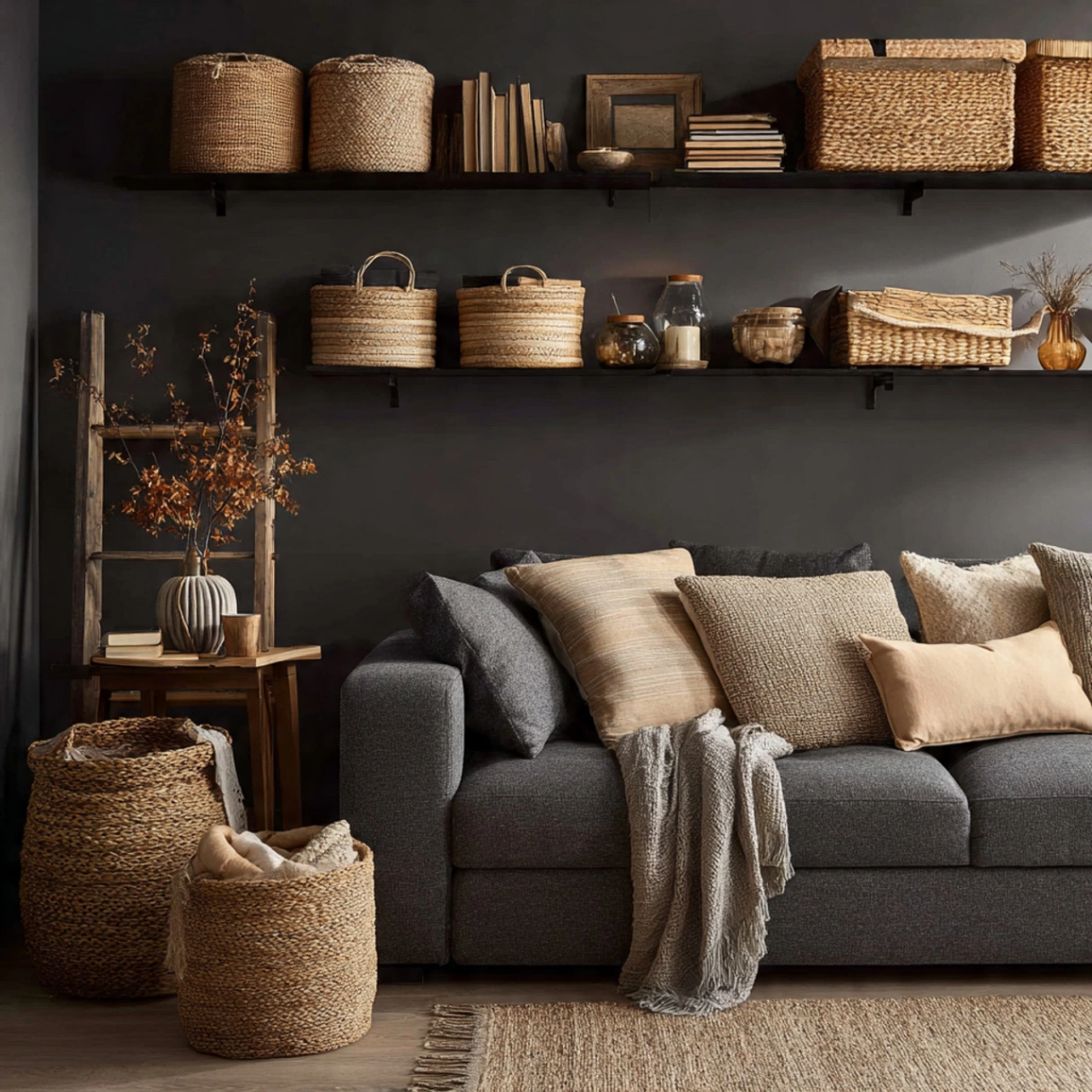 Dark Gray Wall Living Rooms: 25 Ways to Chic, Cozy Home Décor 22 Displaying Woven Baskets for Storage