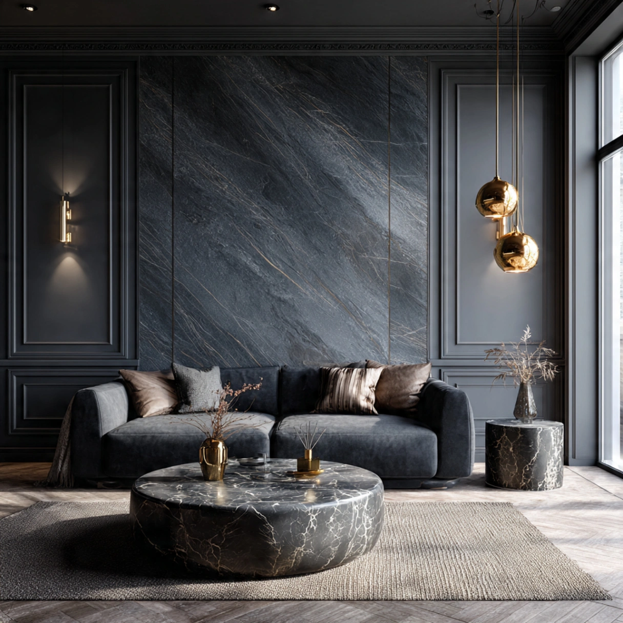 Dark Gray Wall Living Rooms: 25 Ways to Chic, Cozy Home Décor 25 Elevating the Look with Marble Details