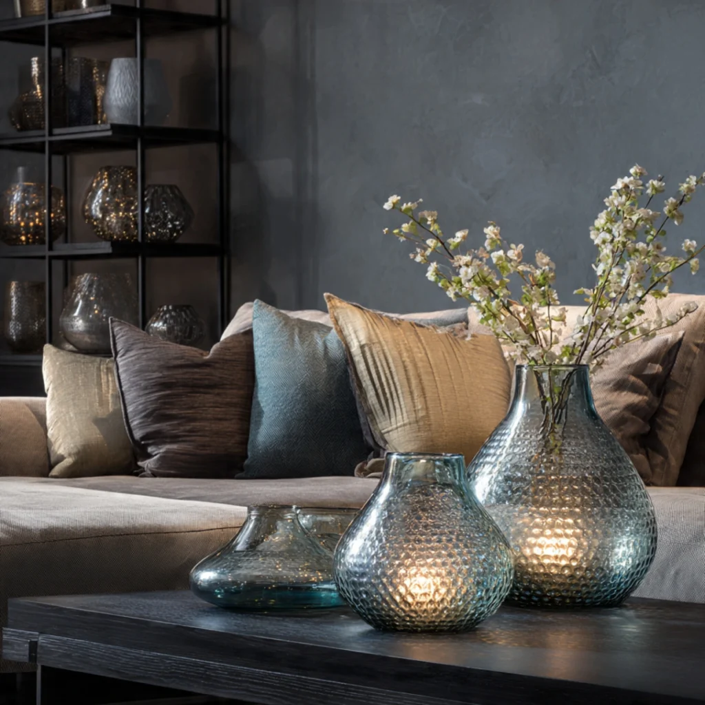 Dark Gray Wall Living Rooms: 25 Ways to Chic, Cozy Home Décor 24 Finishing Touches with Textured Glass Vases 1