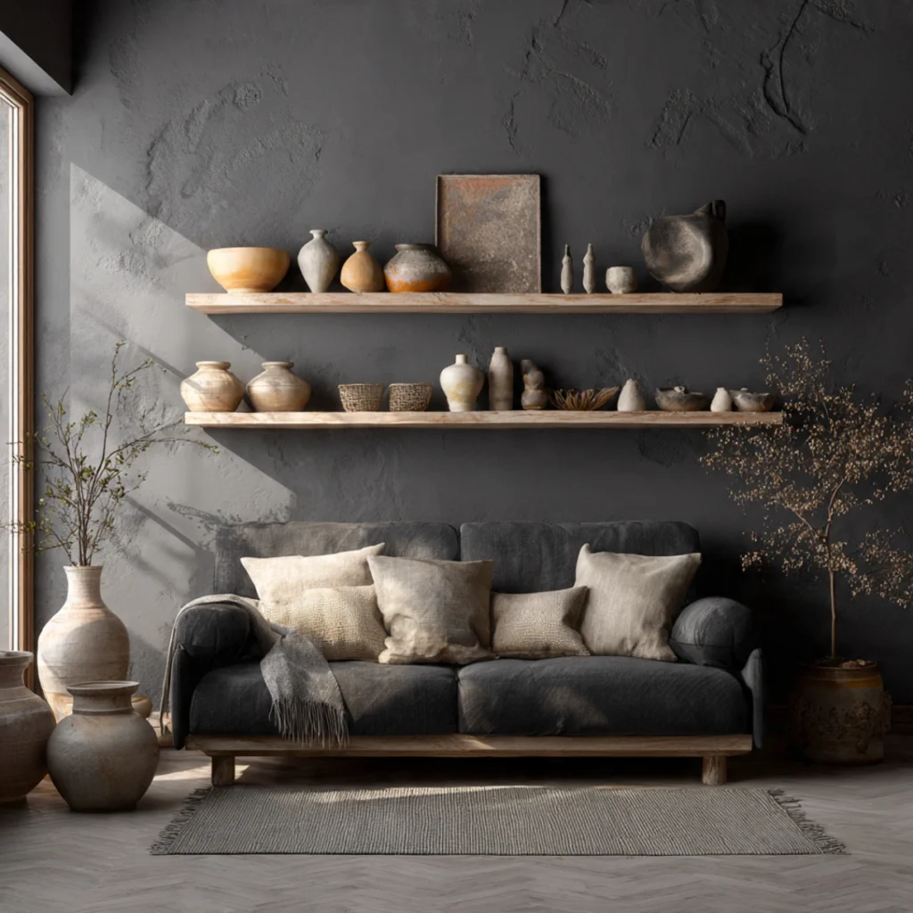 Dark Gray Wall Living Rooms: 25 Ways to Chic, Cozy Home Décor 12 Focusing on Textured Pottery and Ceramics 3