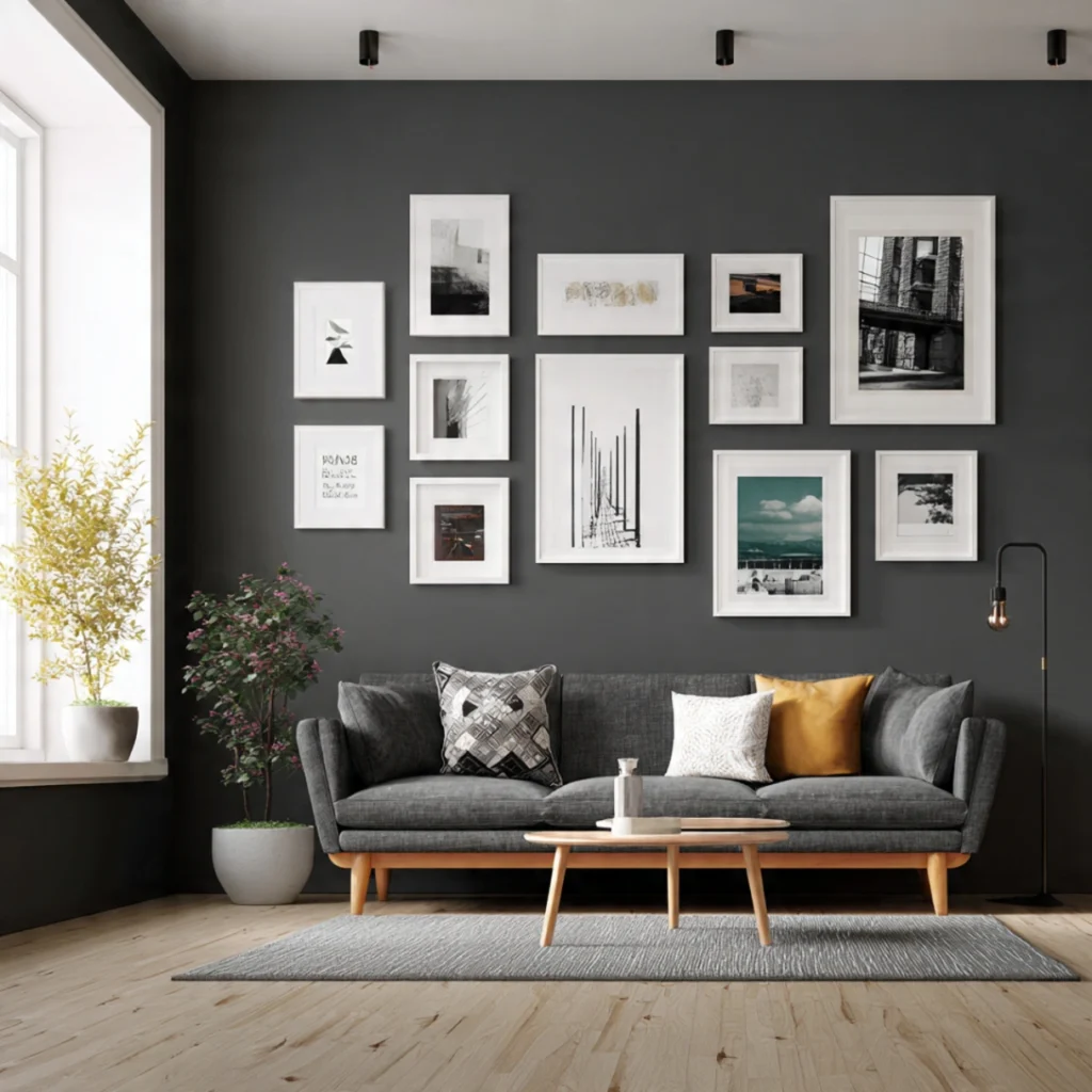 Dark Gray Wall Living Rooms: 25 Ways to Chic, Cozy Home Décor 5 Gallery Wall with High Contrast Art 2