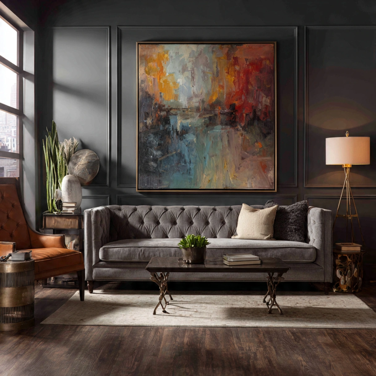 Dark Gray Wall Living Rooms: 25 Ways to Chic, Cozy Home Décor 23 Highlighting a Single Piece of Vibrant Art