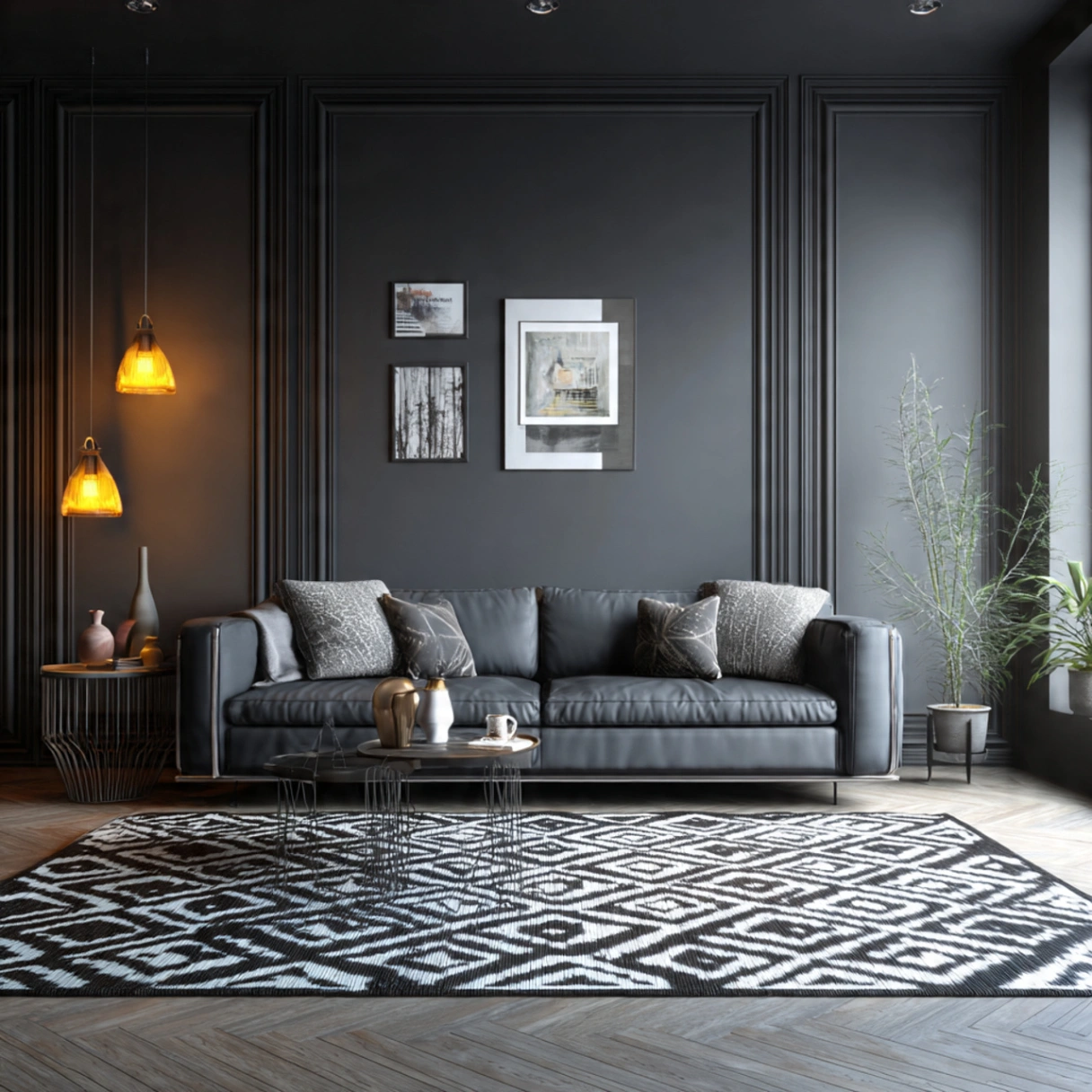 Dark Gray Wall Living Rooms: 25 Ways to Chic, Cozy Home Décor 21 Incorporating Geometric Patterns in Rugs