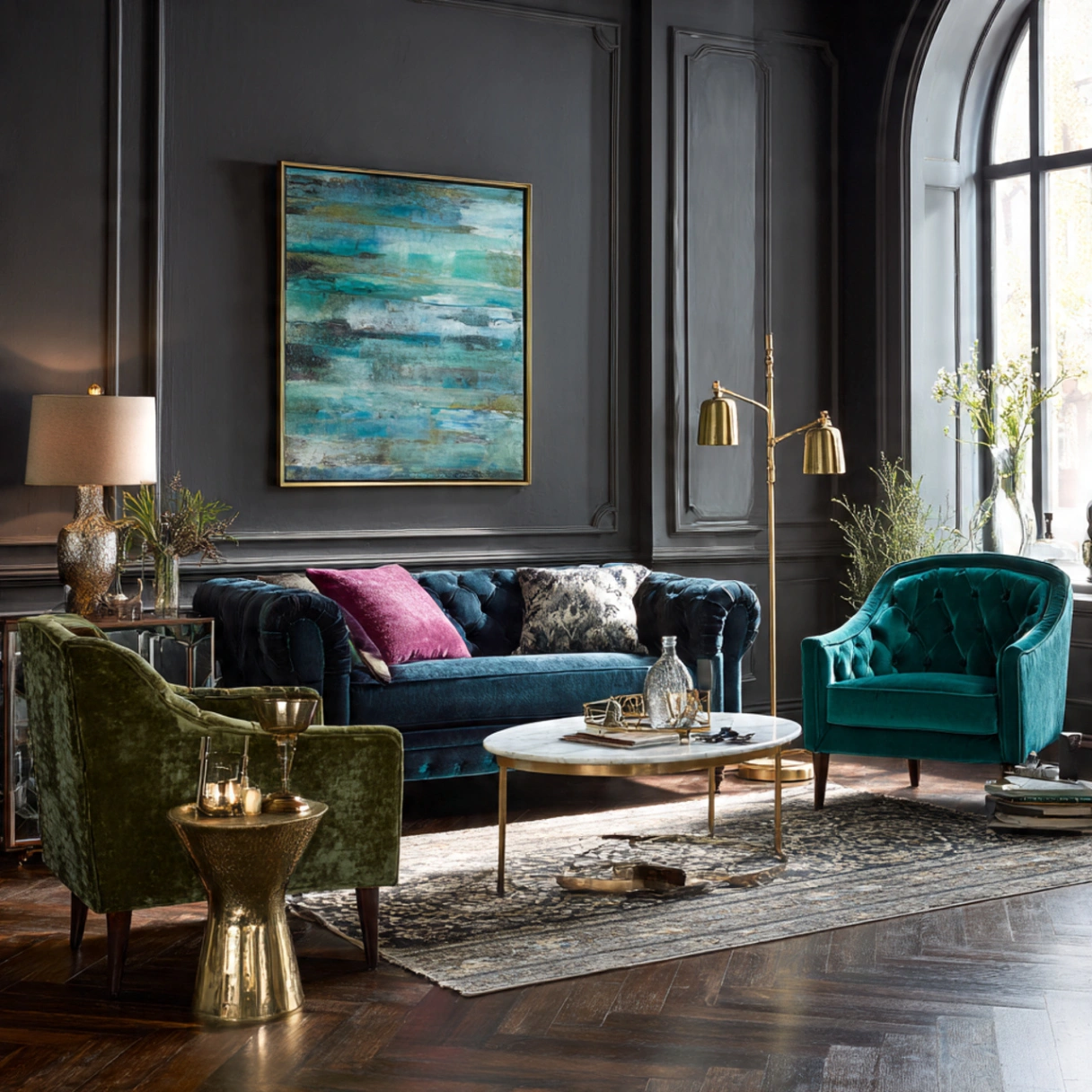 Dark Gray Wall Living Rooms: 25 Ways to Chic, Cozy Home Décor 6 Incorporating Jewel-Toned Velvet Furniture