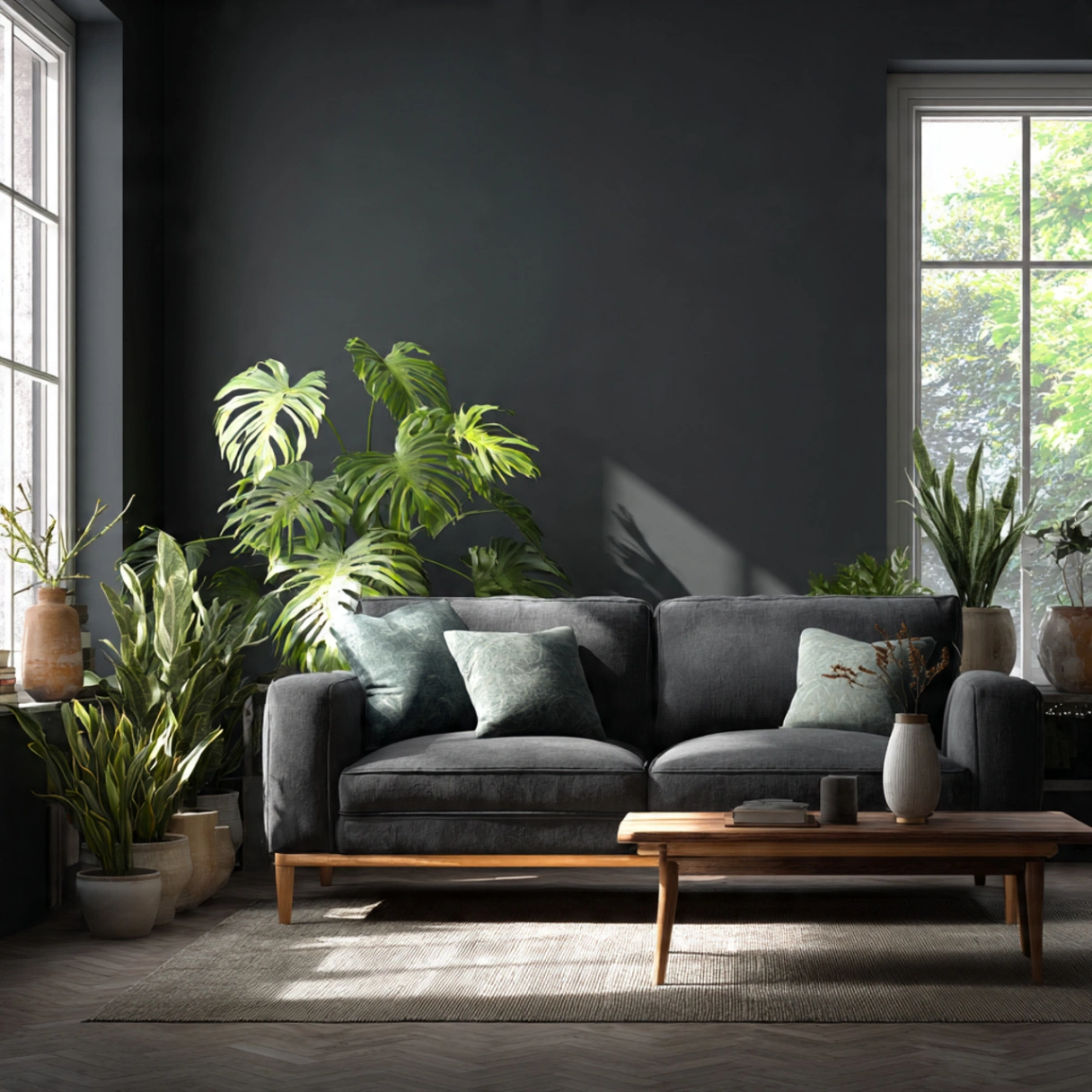 Dark Gray Wall Living Rooms: 25 Ways to Chic, Cozy Home Décor 16 Integrating Large, Leafy Houseplants