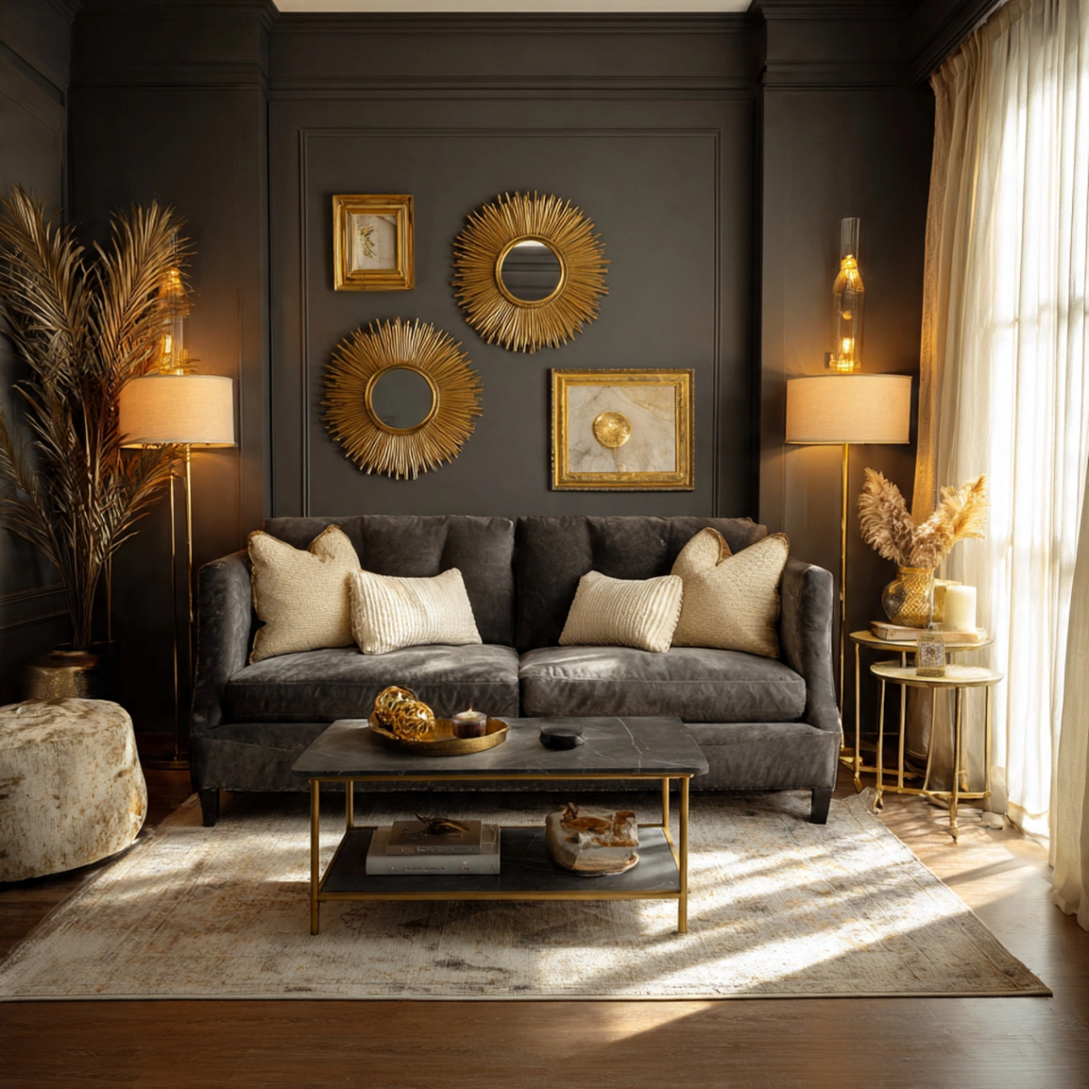 Dark Gray Wall Living Rooms: 25 Ways to Chic, Cozy Home Décor 1 Pairing with Warm Brass and Gold Accents
