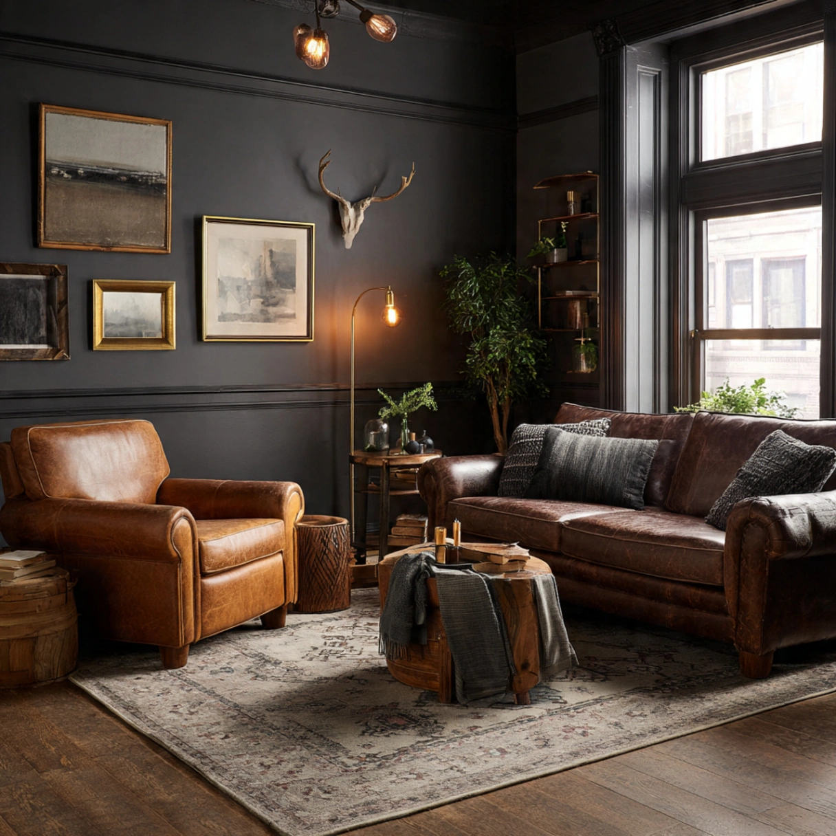 Dark Gray Wall Living Rooms: 25 Ways to Chic, Cozy Home Décor 18 Styling with Vintage Leather Seating