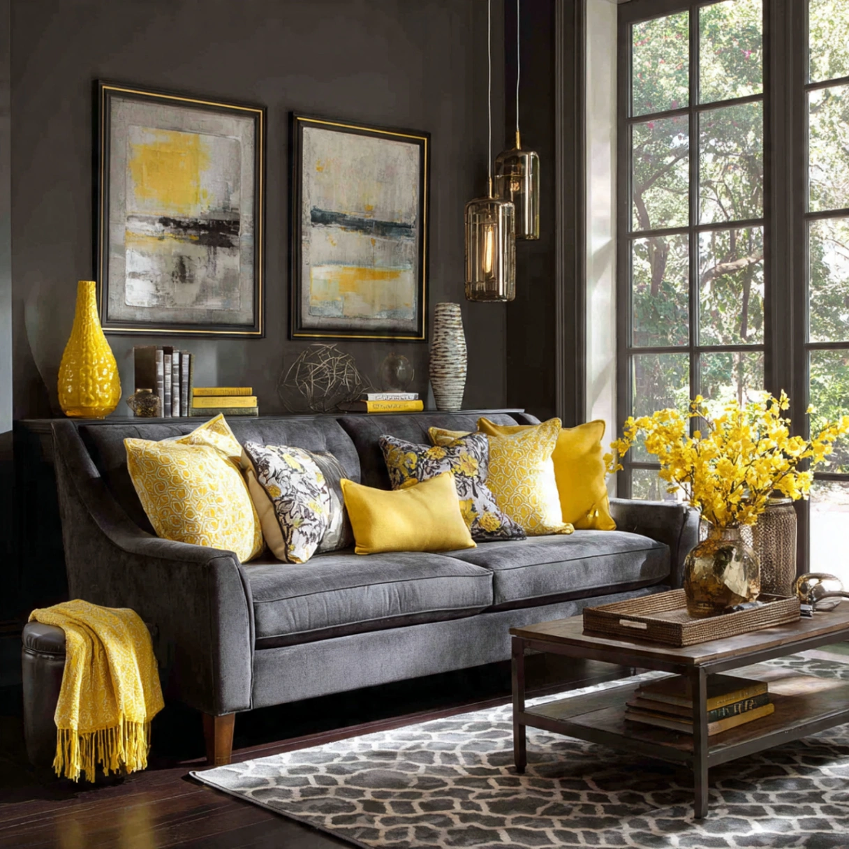 Dark Gray Wall Living Rooms: 25 Ways to Chic, Cozy Home Décor 9 The Unexpected Pop of Sunny Yellow