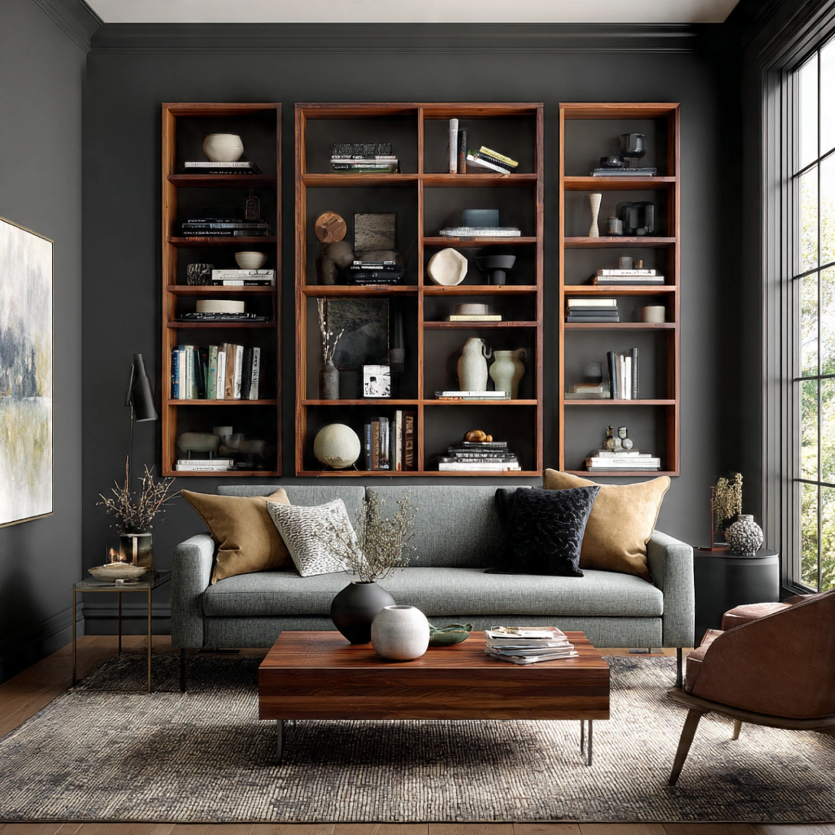 Dark Gray Wall Living Rooms: 25 Ways to Chic, Cozy Home Décor 20 Utilizing Open Shelving for Display