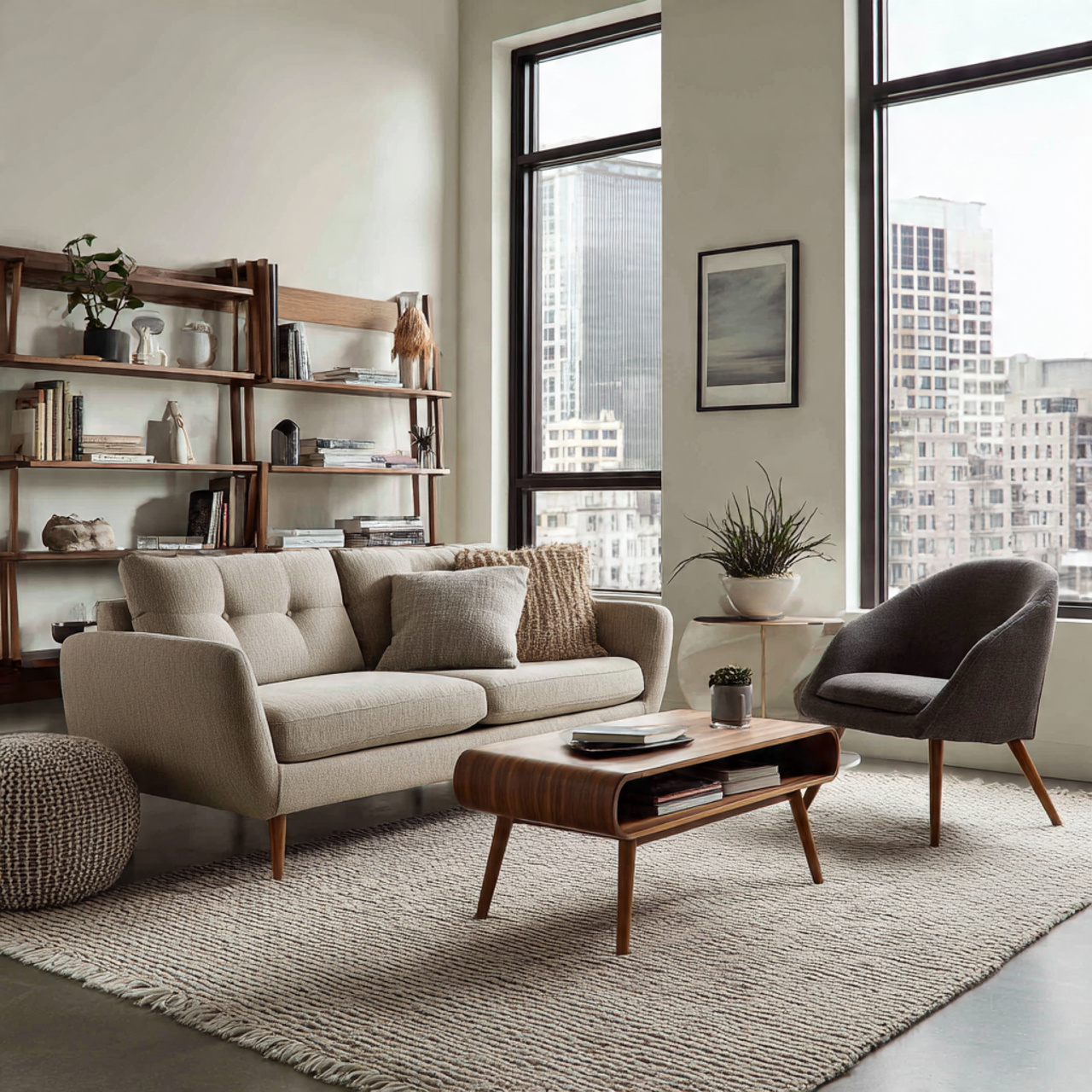 a beautifully balanced mid century living room embracing