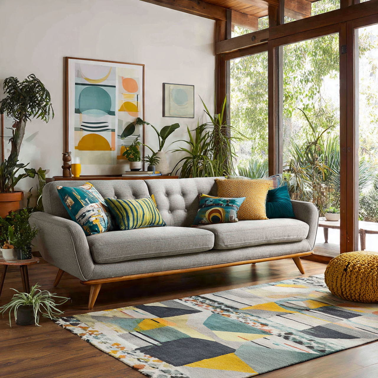 a beautifully composed mid century living room featuring