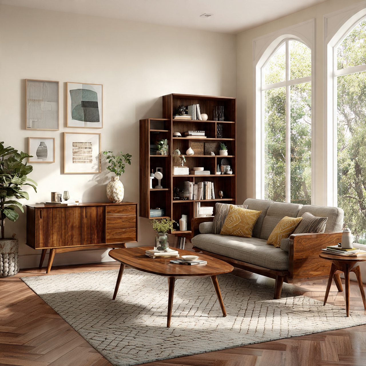 a beautifully styled mid century living room featuring