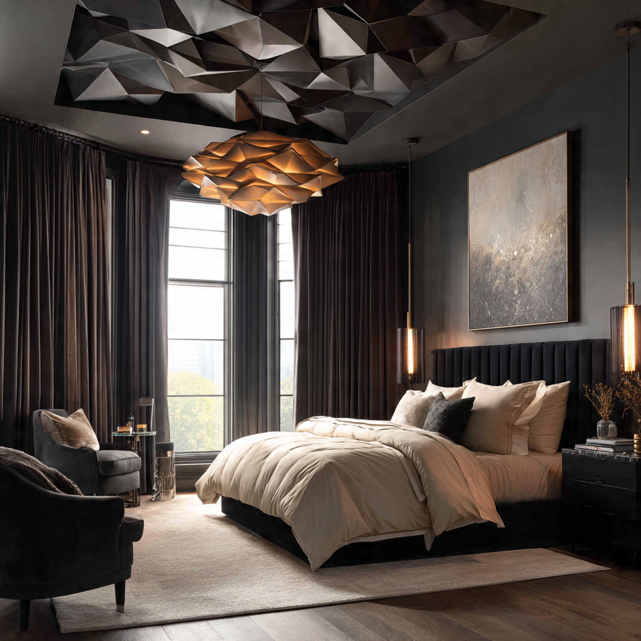 a bold matte black ceiling paired with deep