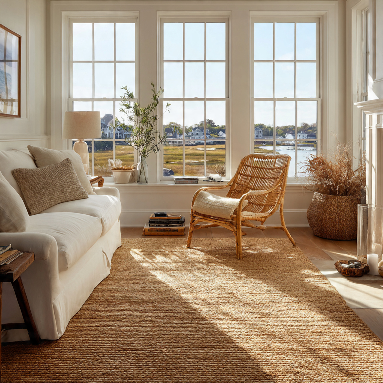 Top Coastal Living Room Inspirations: 27 Unique Home Ideas 2 a coastal living room with a jute