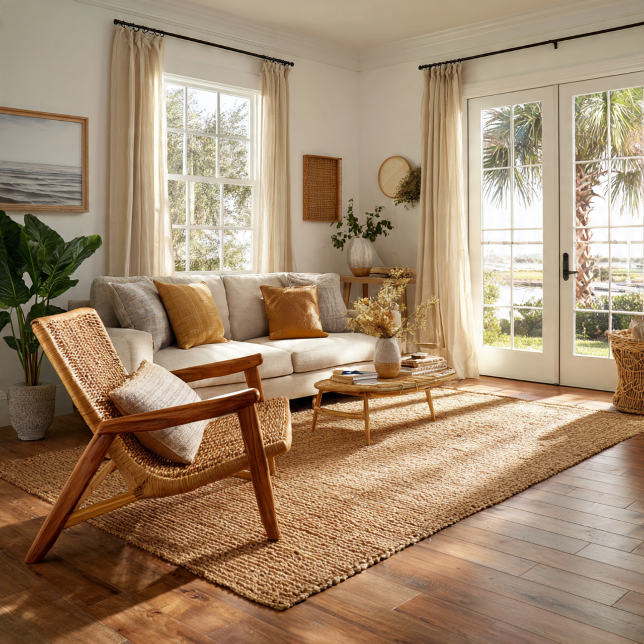 Top Coastal Living Room Inspirations: 27 Unique Home Ideas 15 a coastal living room with a rattan