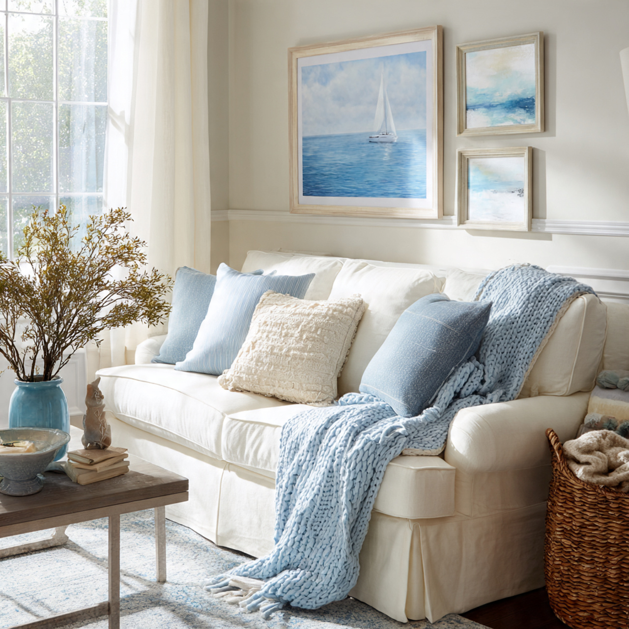 Top Coastal Living Room Inspirations: 27 Unique Home Ideas 20 a coastal living room with soft blue 1
