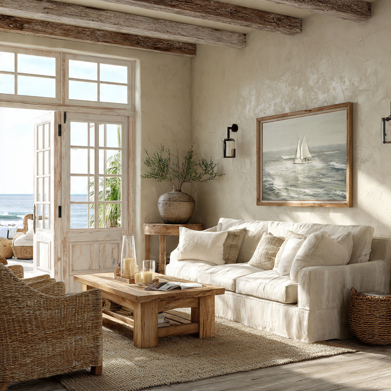 Top Coastal Living Room Inspirations: 27 Unique Home Ideas 22 a coastal living room with whitewashed wood 1