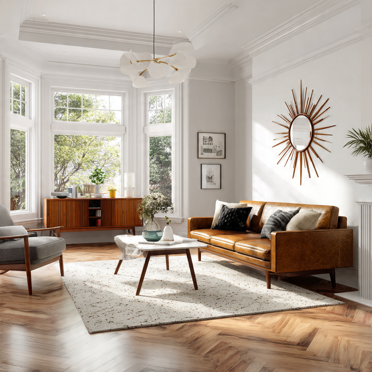 a full view mid century living room styled with