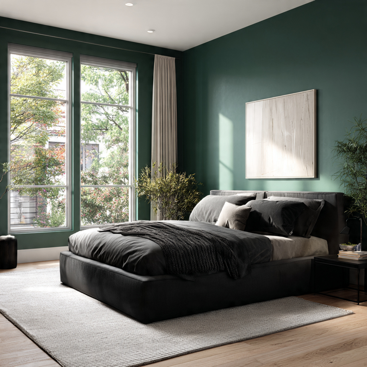 a fully photorealistic contemporary minimalist bedroom showcasing