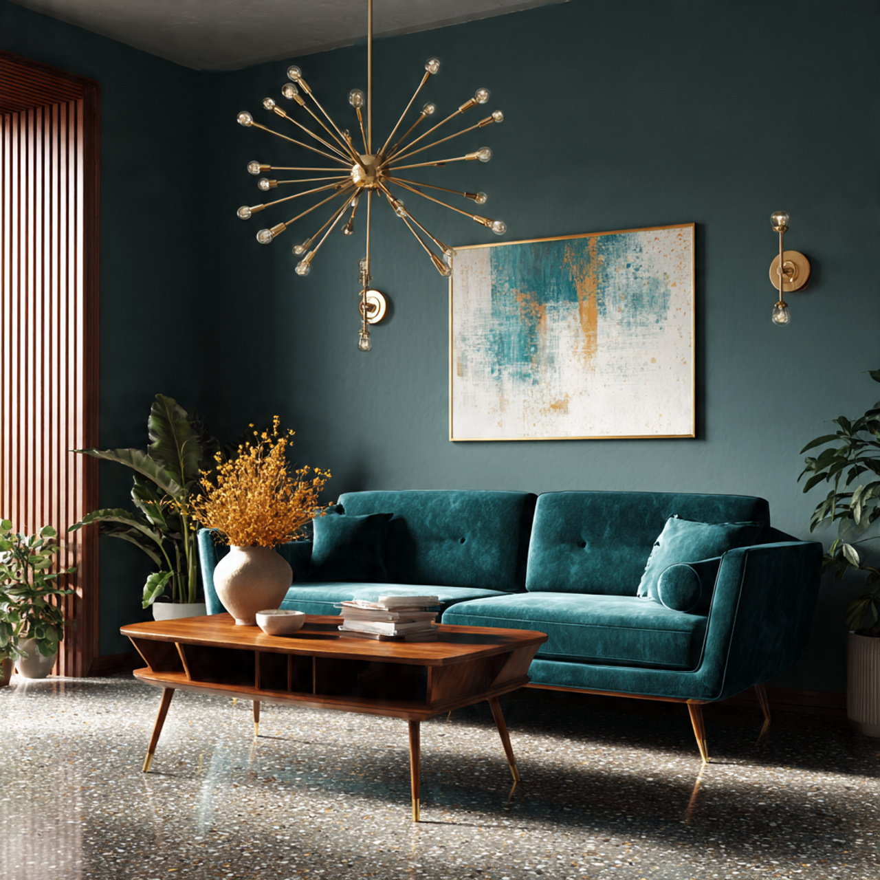 a glamorous mid century living room scene with