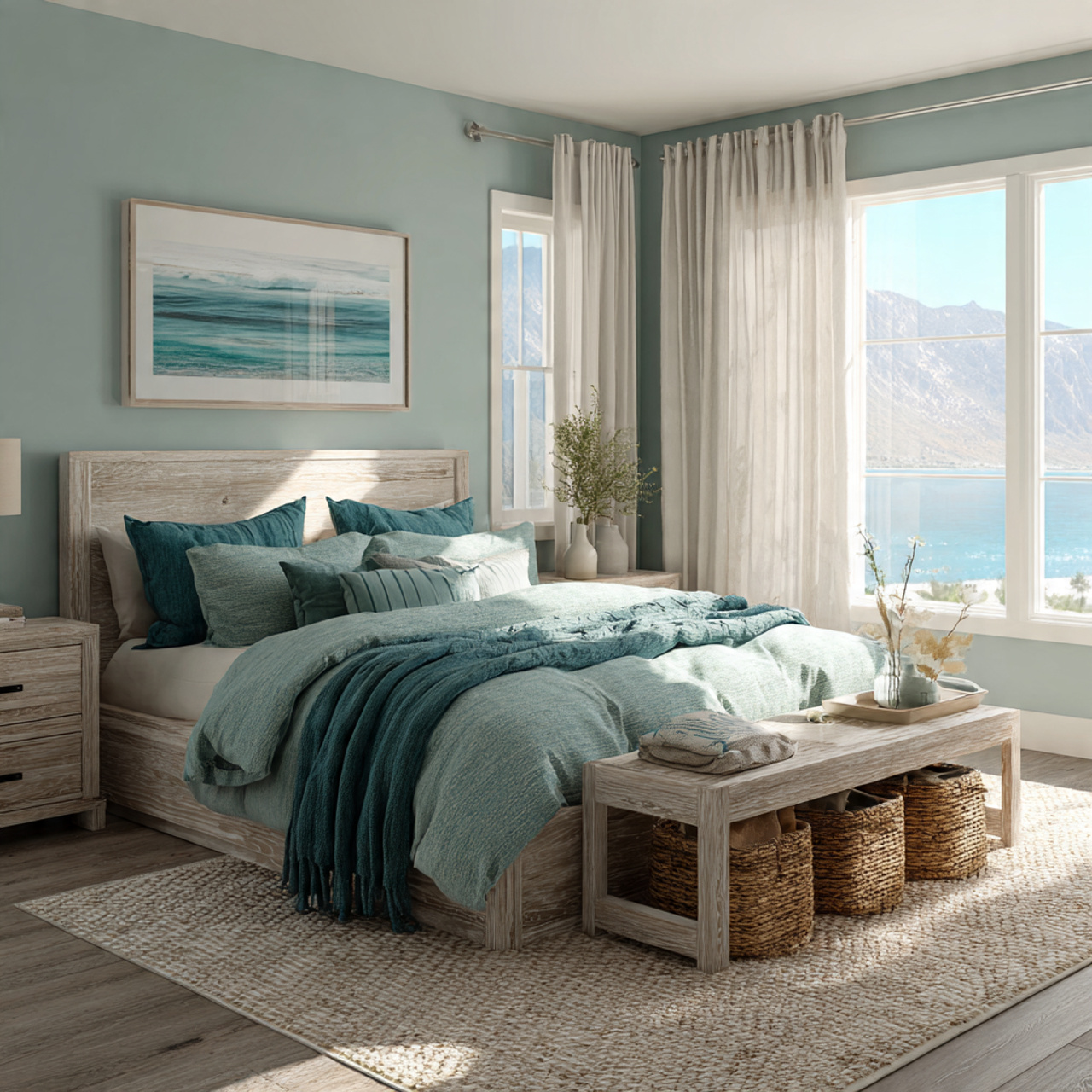 a photorealistic coastal modern bedroom designed around
