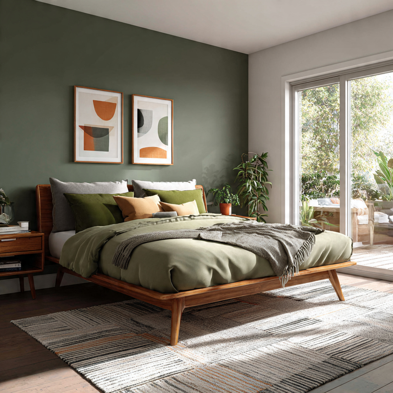 a photorealistic mid century modern bedroom for olive
