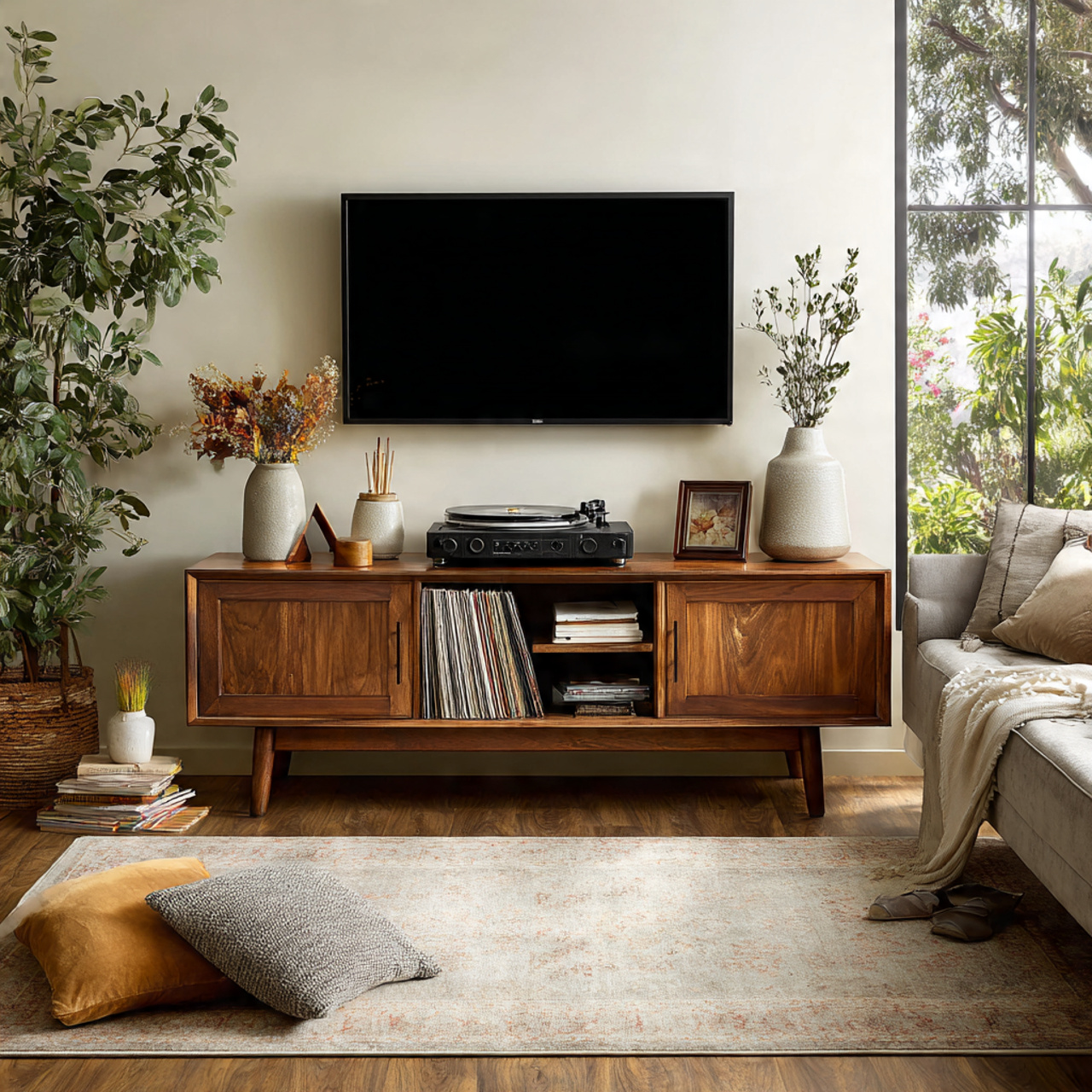 a realistic editorial mid century living room highlighting