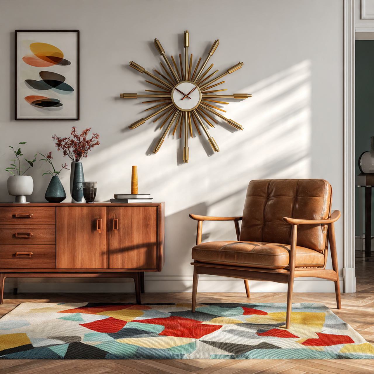 a retro chic mid century living room scene with