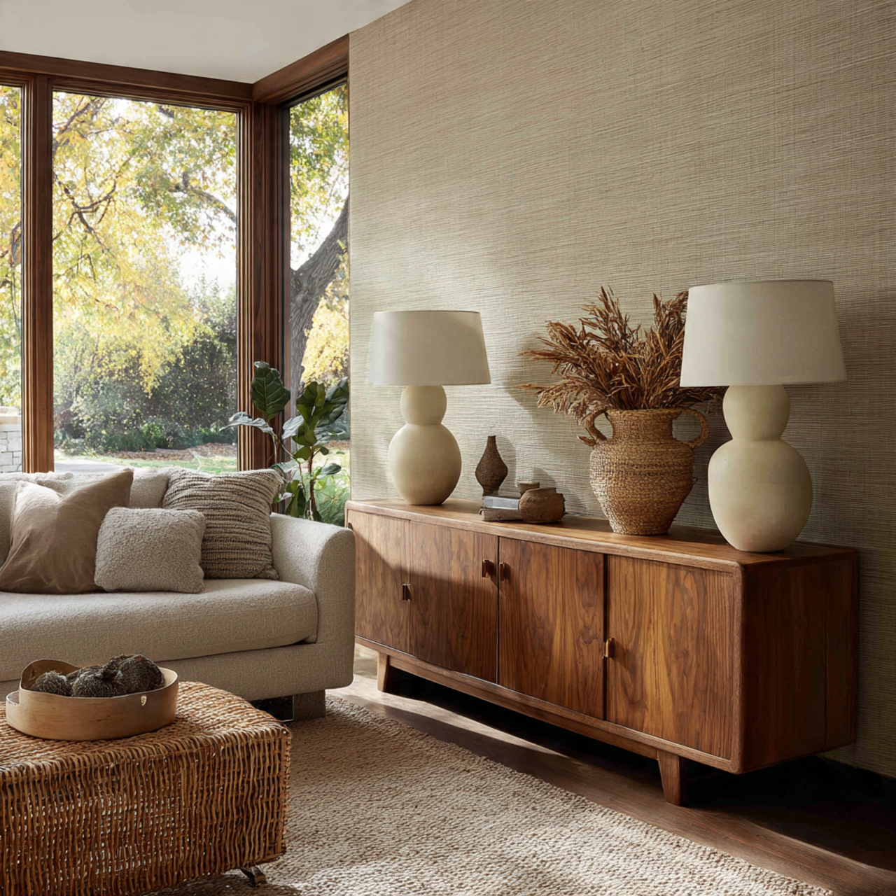 a serene mid century living room featuring natural
