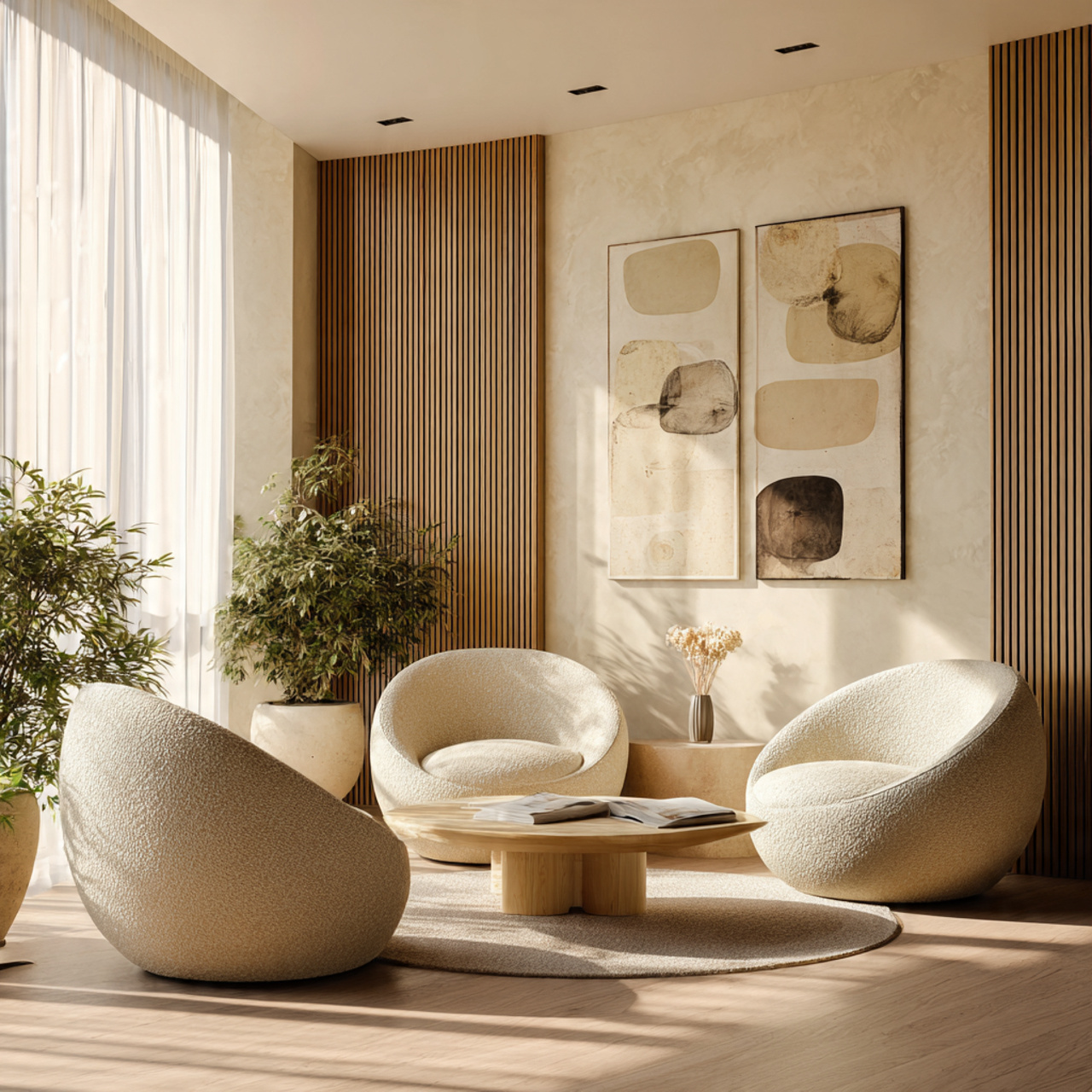 a soft organic mid century living room featuring