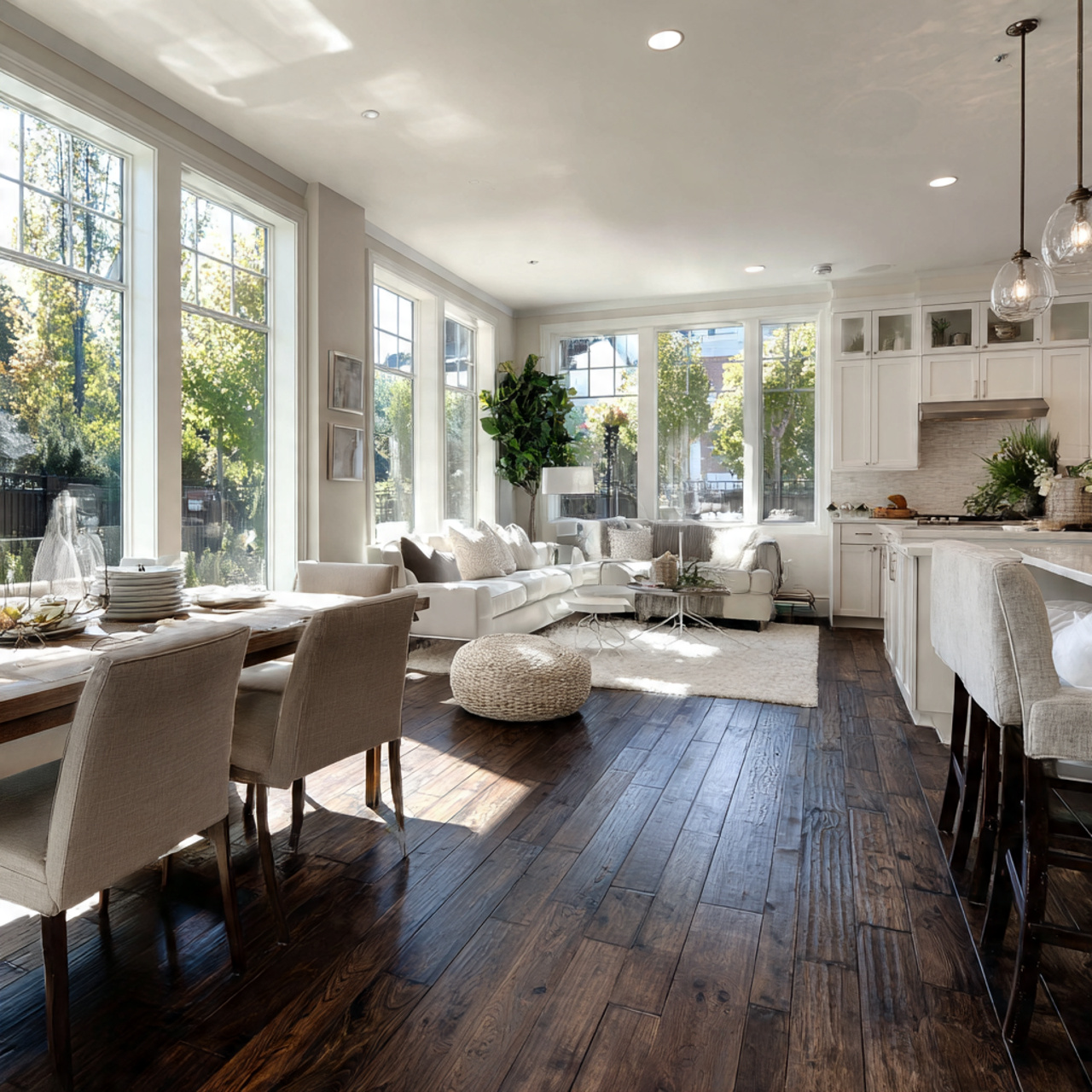 a spacious open concept living and dining area