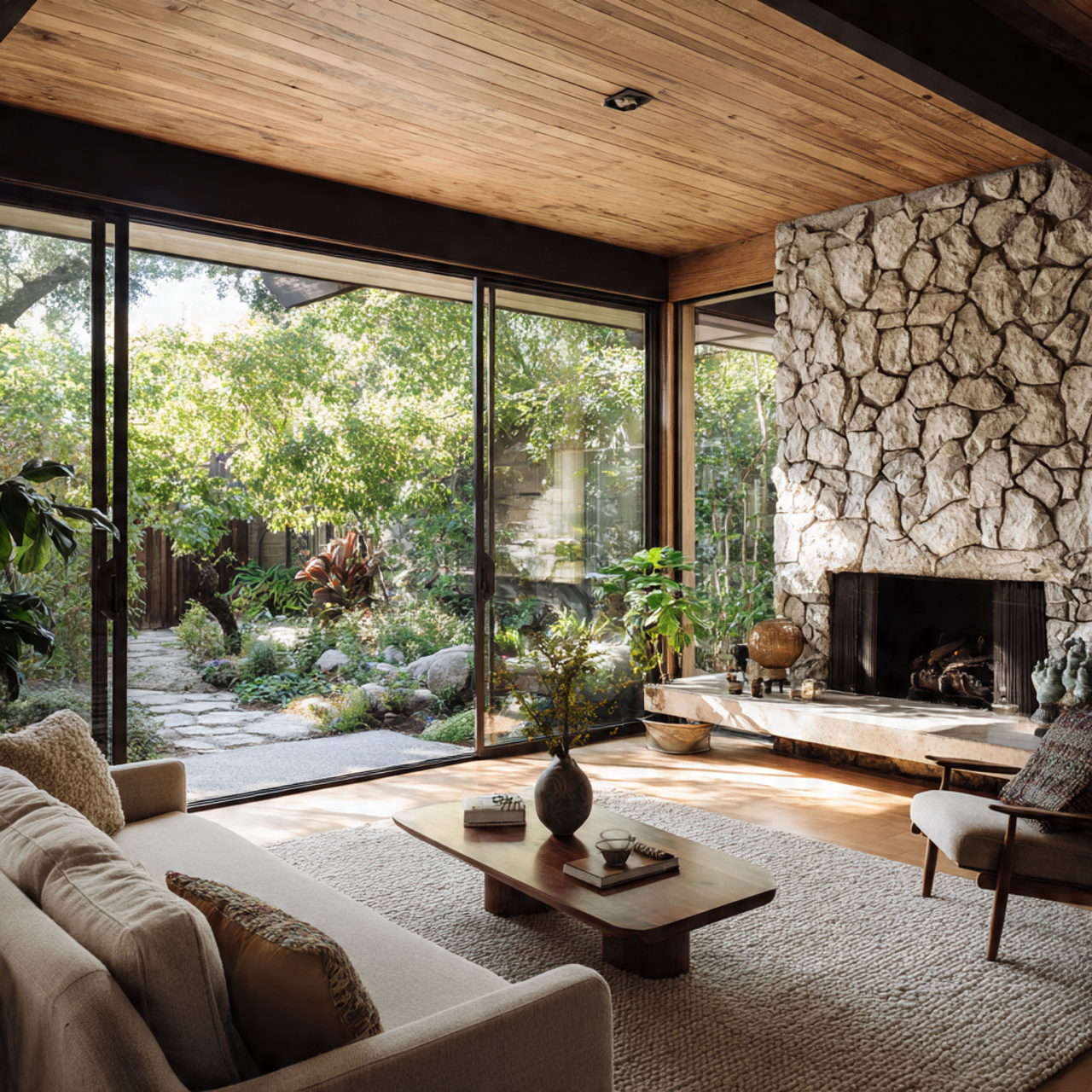 a stunning mid century living room opening directly