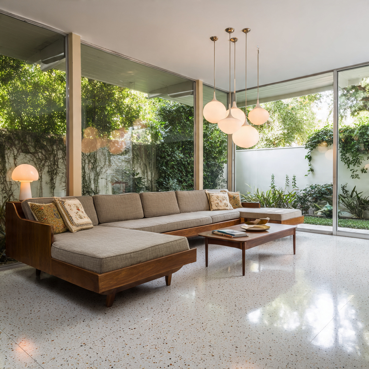 a stunning mid century living room with terrazzo