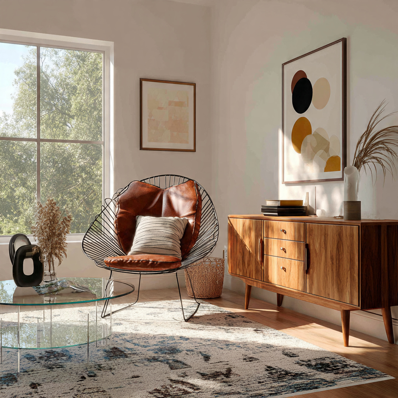 a stylish mid century living room showcasing an