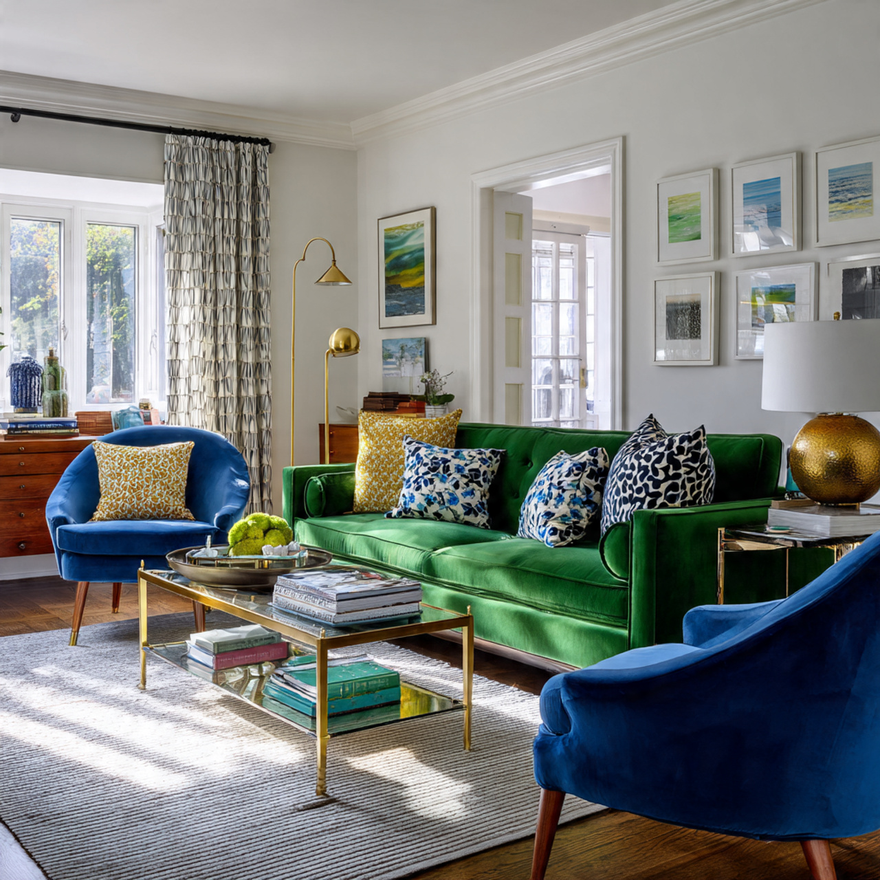 a vibrant mid century living room with jewel toned
