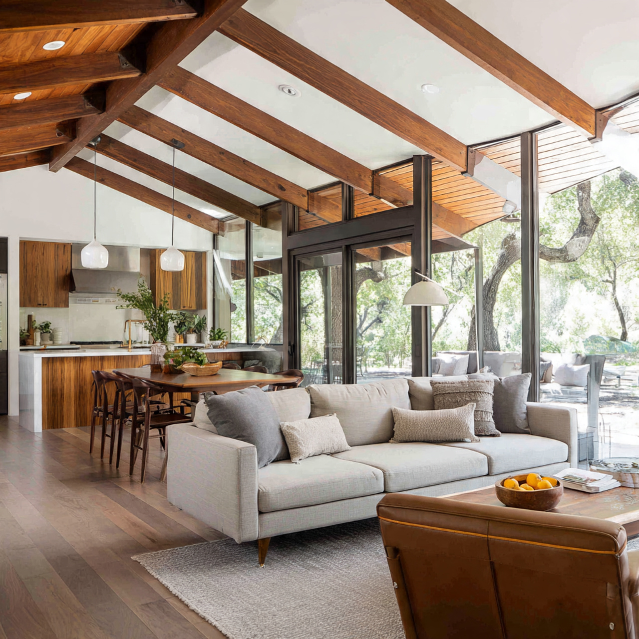 a wide angle realistic mid century open plan living room