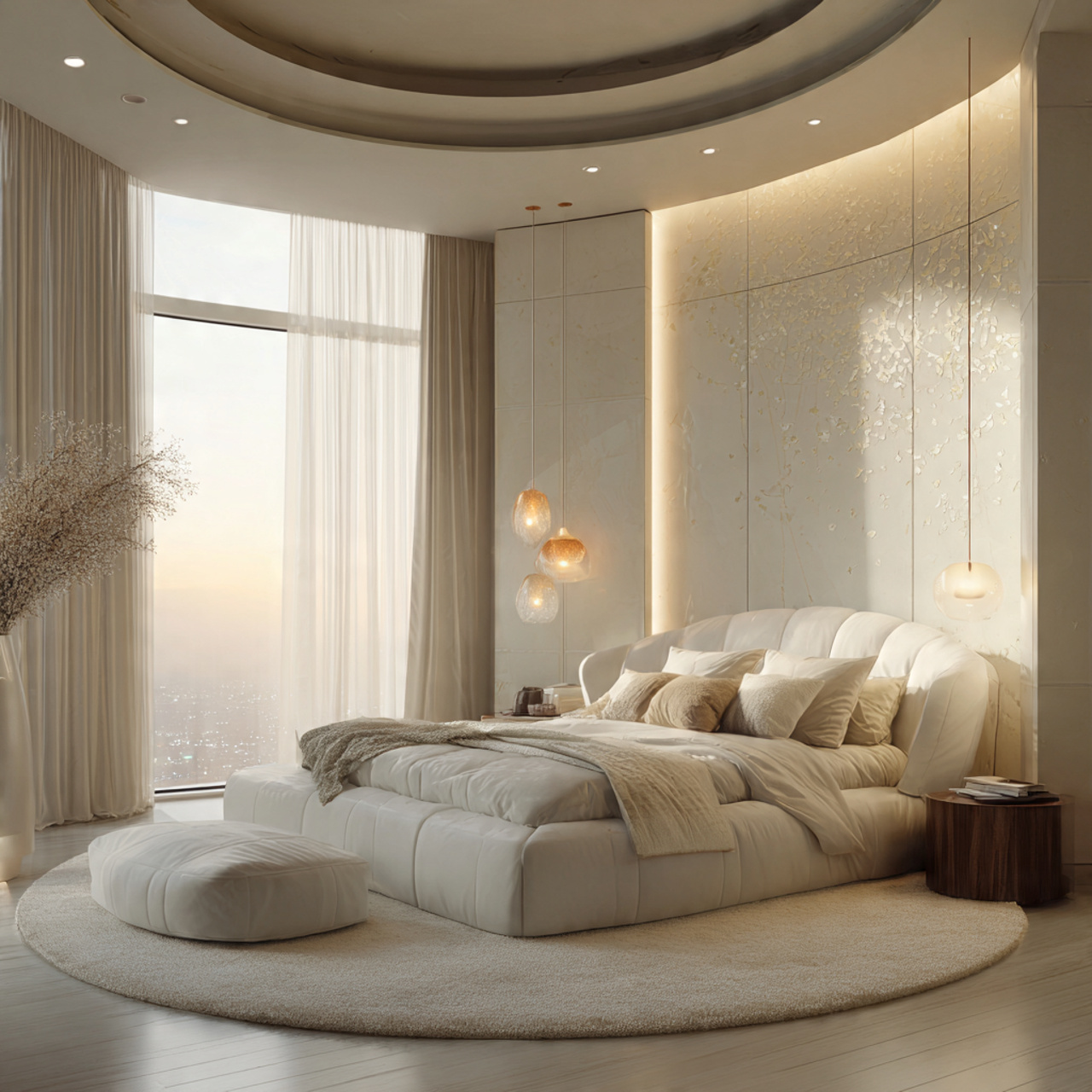 atmospheric white bedroom with a curved white