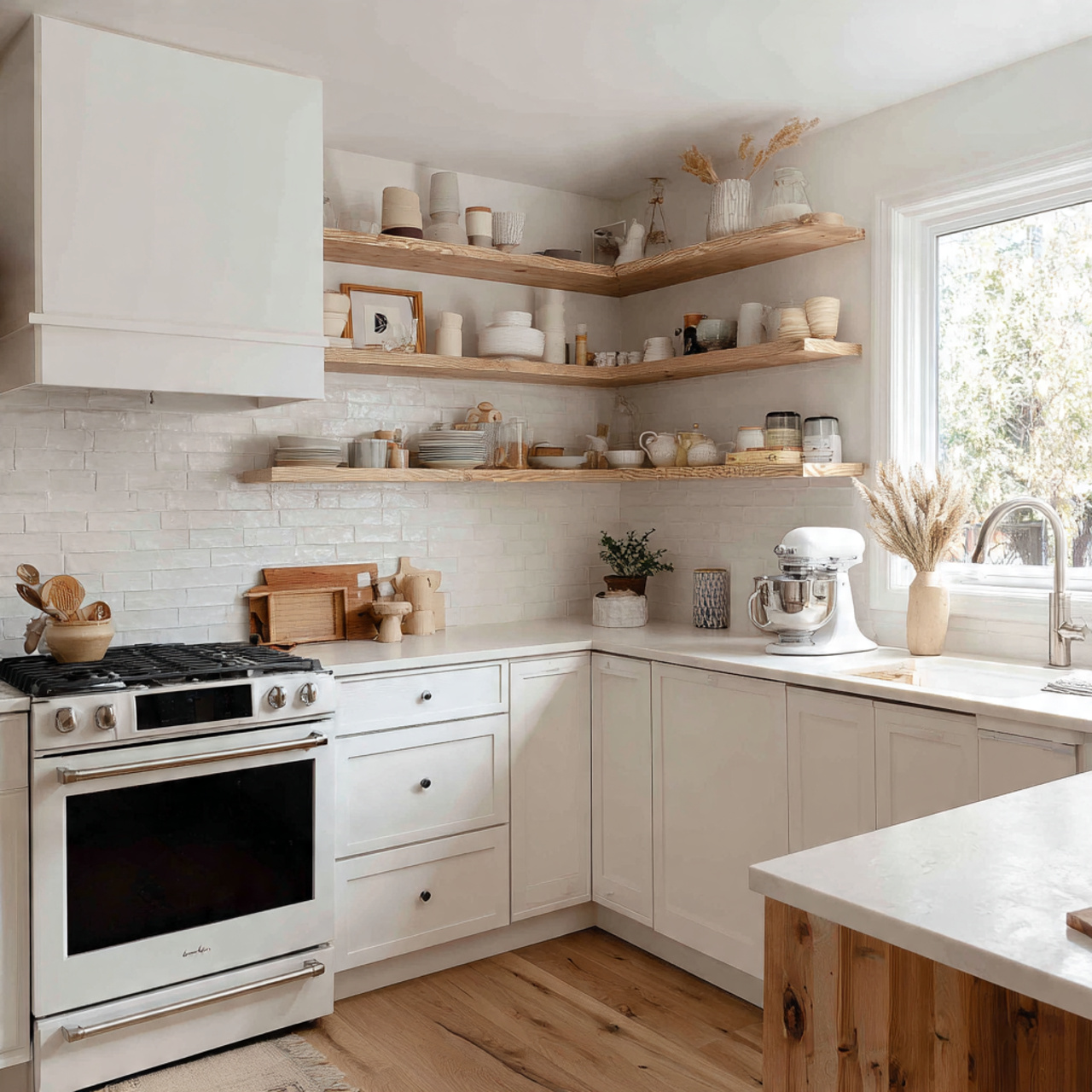 Effortlessly Chic: 34 Dreamy White Kitchen Ideas to Wow 30 bright scandinavian inspired kitchen featuring open corner shelving