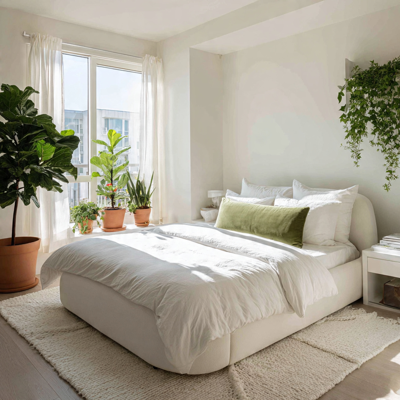 bright white bedroom featuring a curved organic modern