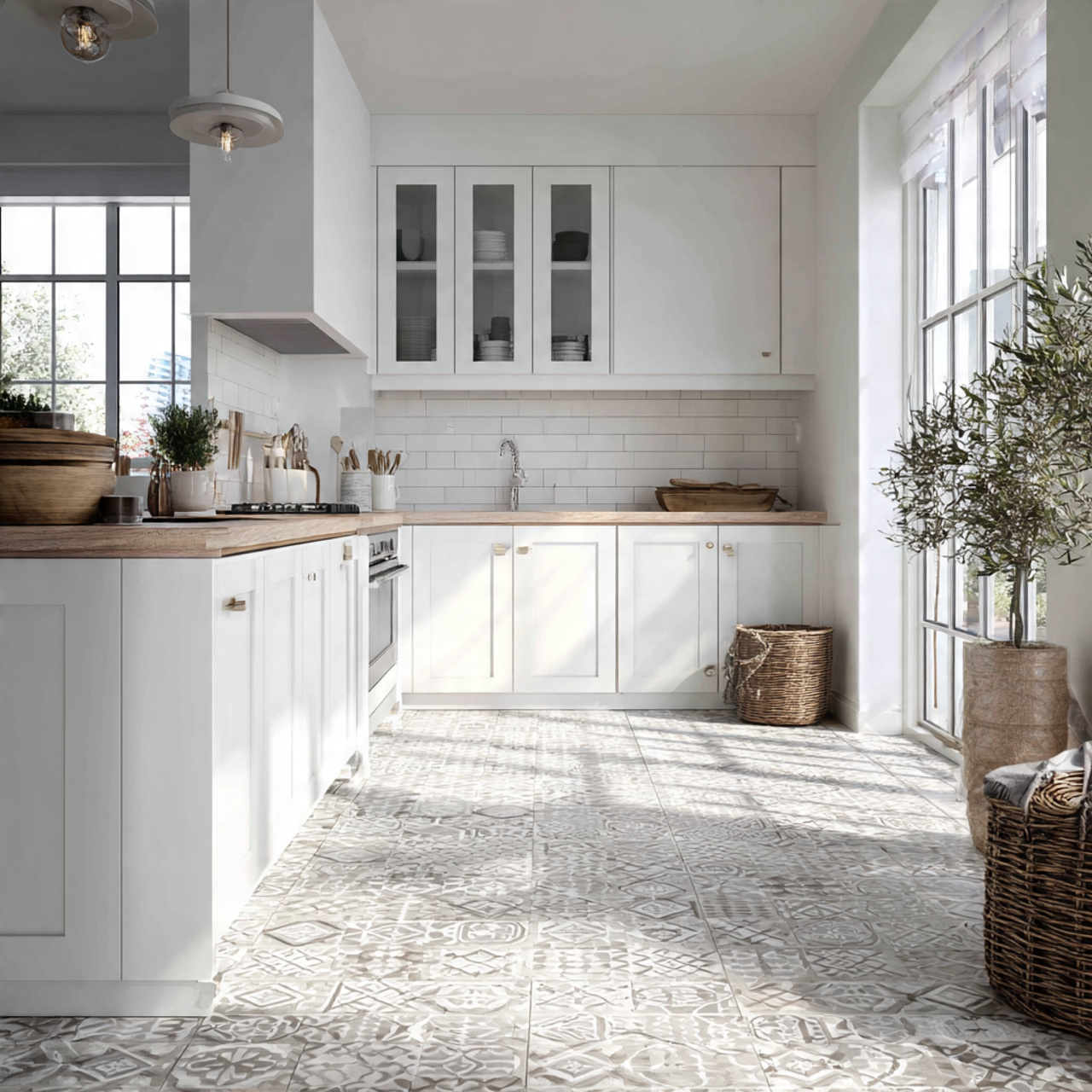 Effortlessly Chic: 34 Dreamy White Kitchen Ideas to Wow 19 bright white kitchen interior featuring patterned floor