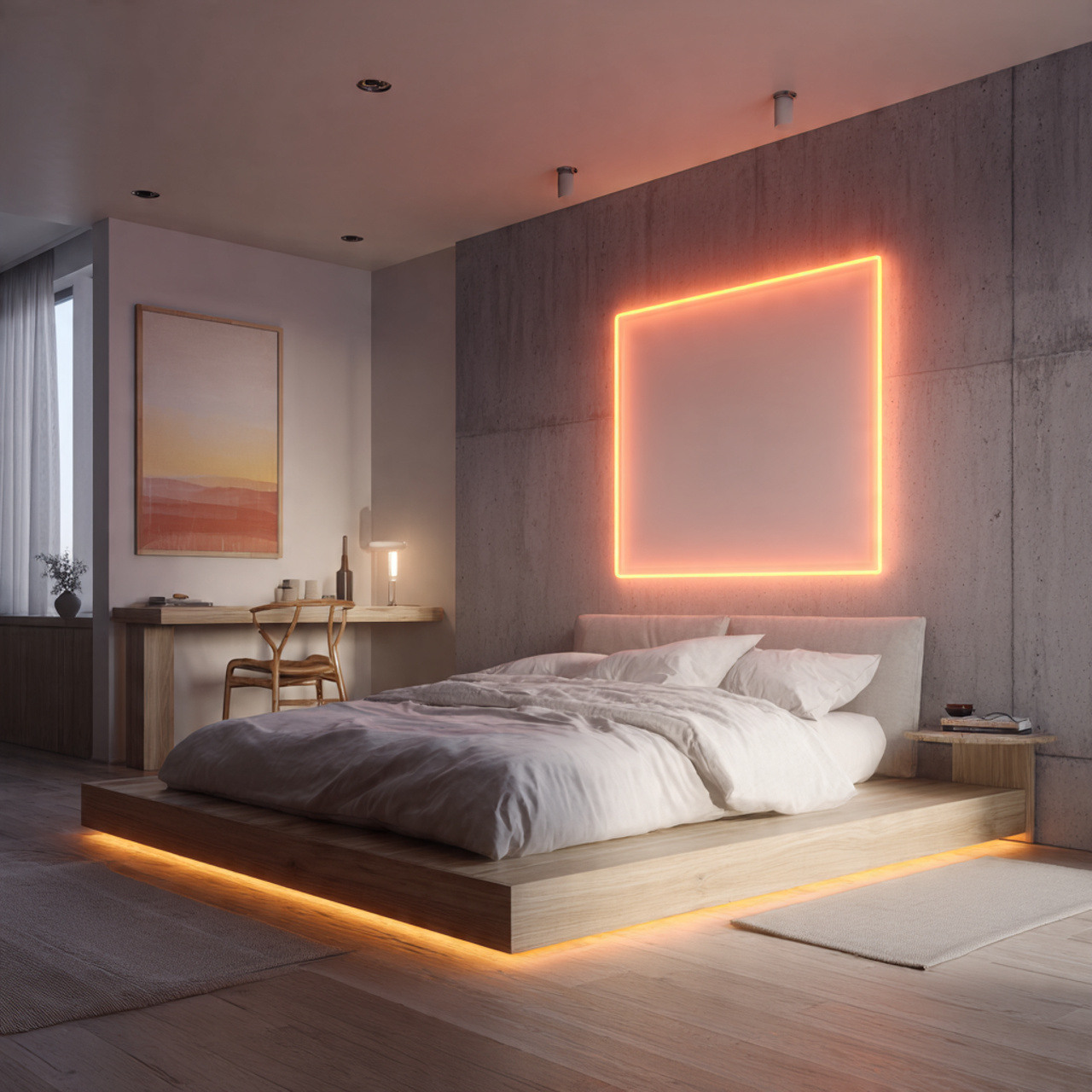 contemporary bedroom with a modern soft neon