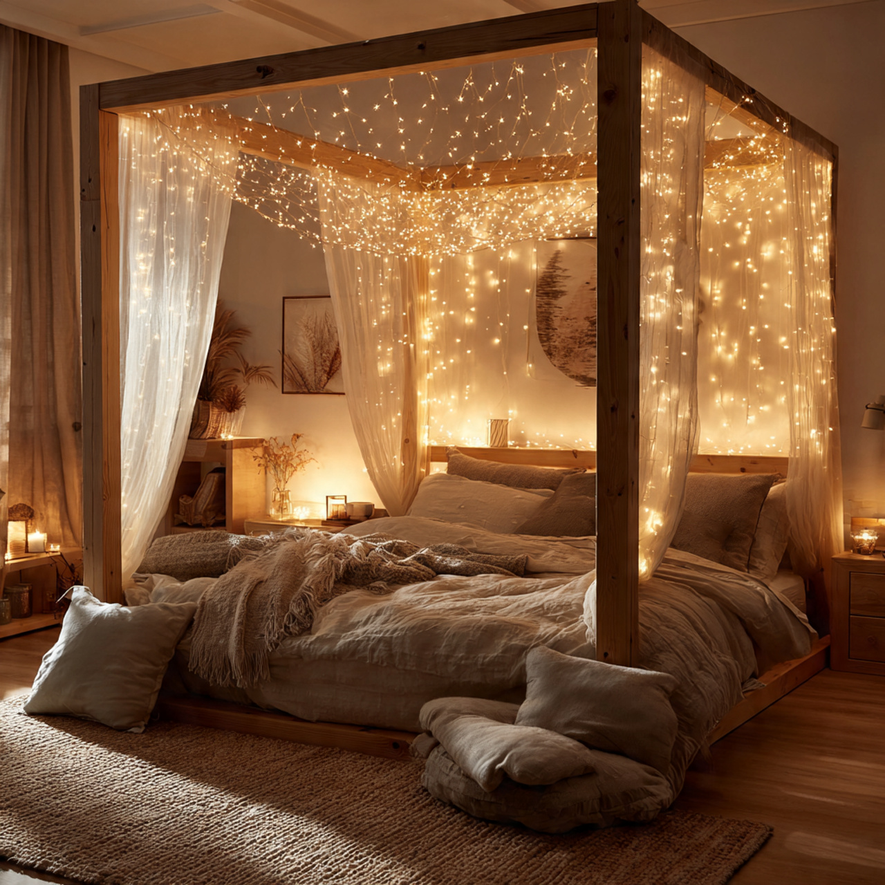 cozy scandinavian inspired bedroom with warm fairy lights