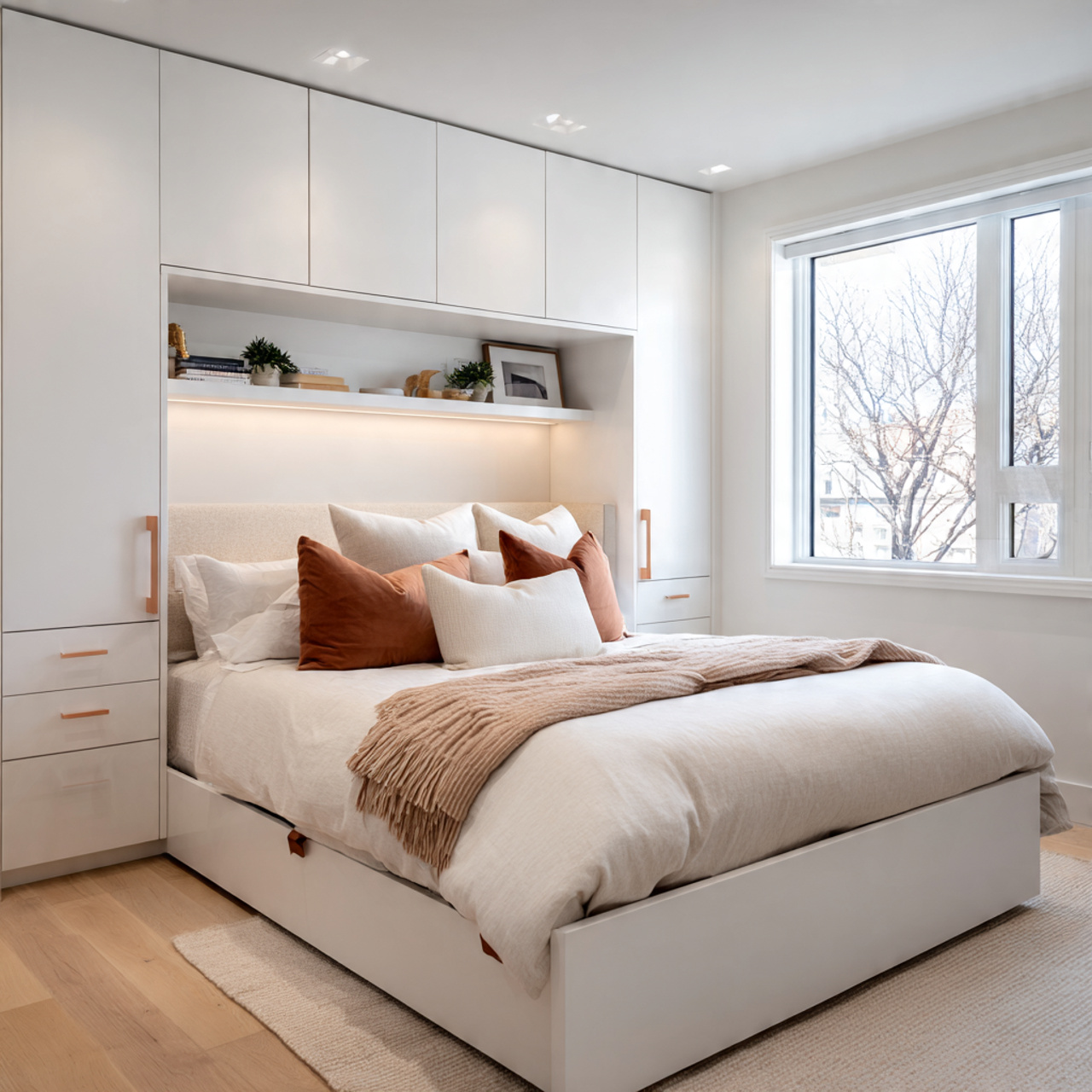 efficient white bedroom with a modern lift up