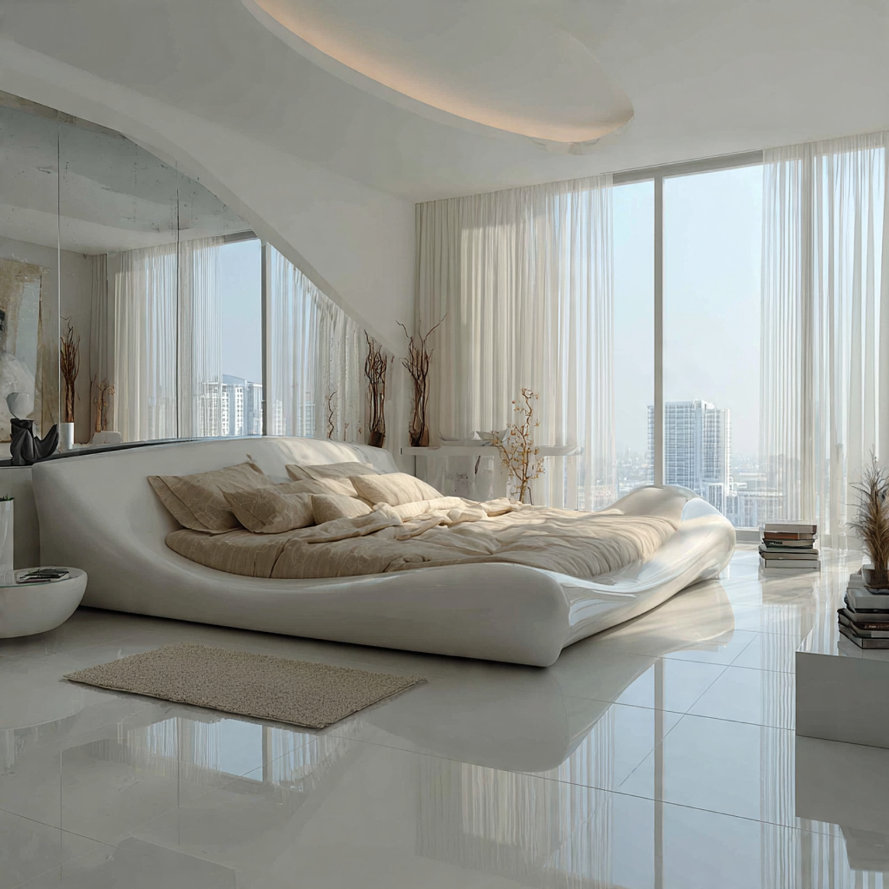 elegant white bedroom featuring a sculptural wave shaped