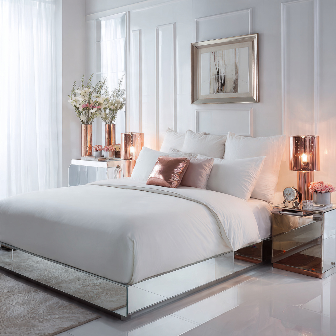 glam white bedroom with a modern floating